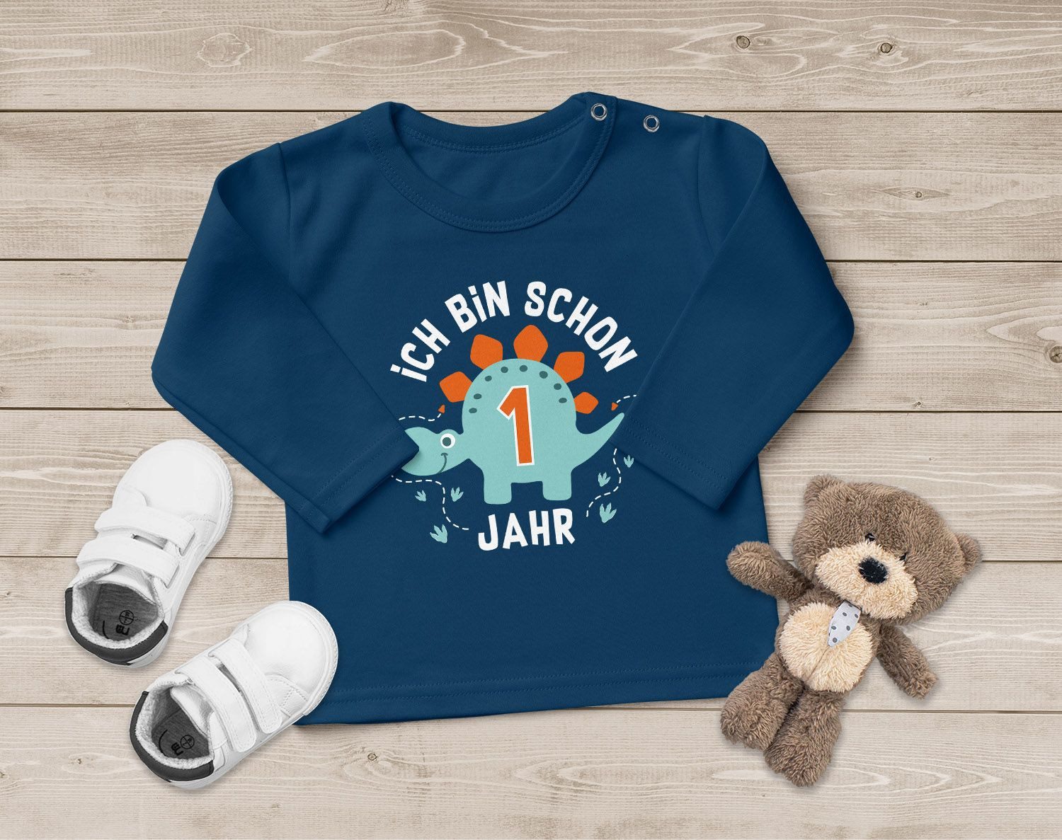Rundhalsshirt Baby Langarm-Shirt 1. Geburtstag Ich bin schon 1 Jahr Dinosaurier