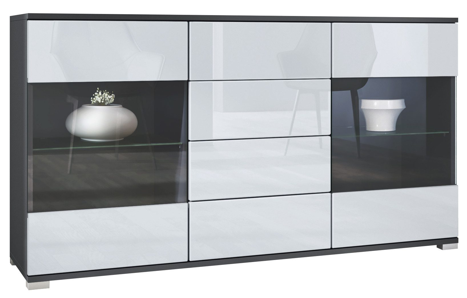 Vladon Sideboard Bari V1 (Kommode mit 2 Türen, 4 Schubladen und 2 flexible Glaseinlegeböden), Anthrazit matt/Weiß Hochglanz (138,5 x 75,5 x 35)
