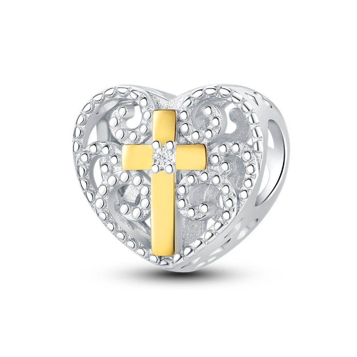 PANDACHARMS Bead Goldenes Kreuz auf Verziertem Herz Charm, 925er Silber, Zirkonia