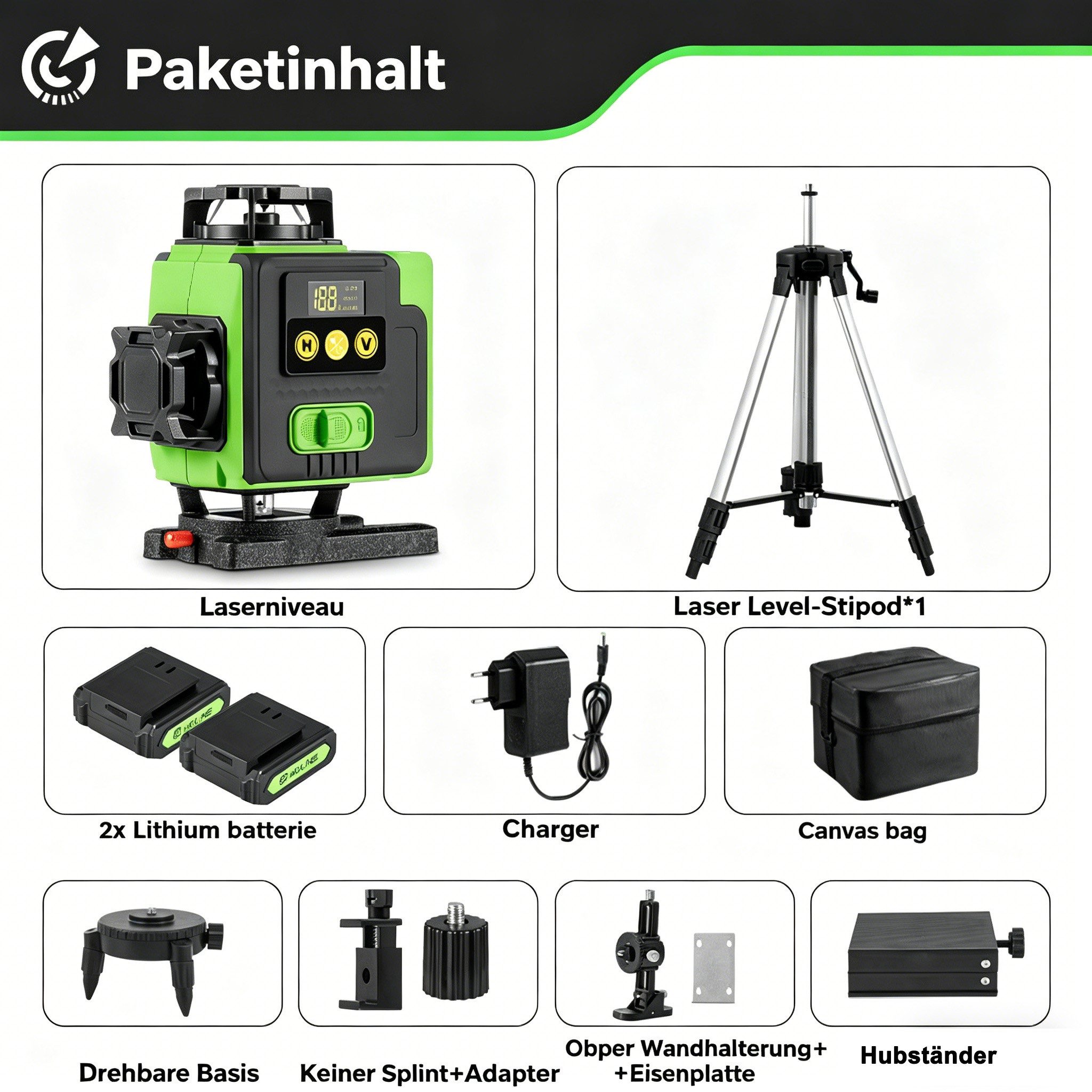 HGLINE Laserwasserwaage 16 Linien Lasernivellier 4 x 360 Grad Selbstnivellierend, Kreuzlinienlaser mit Teleskopstativ & 2x4800 mAh Akkus