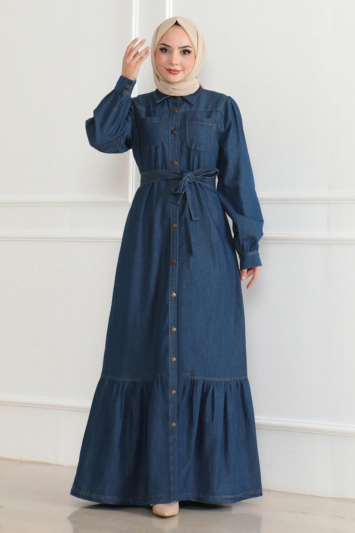 Maxikleid Rüschen-Detail Jeanskleid Dunkelblau 19225