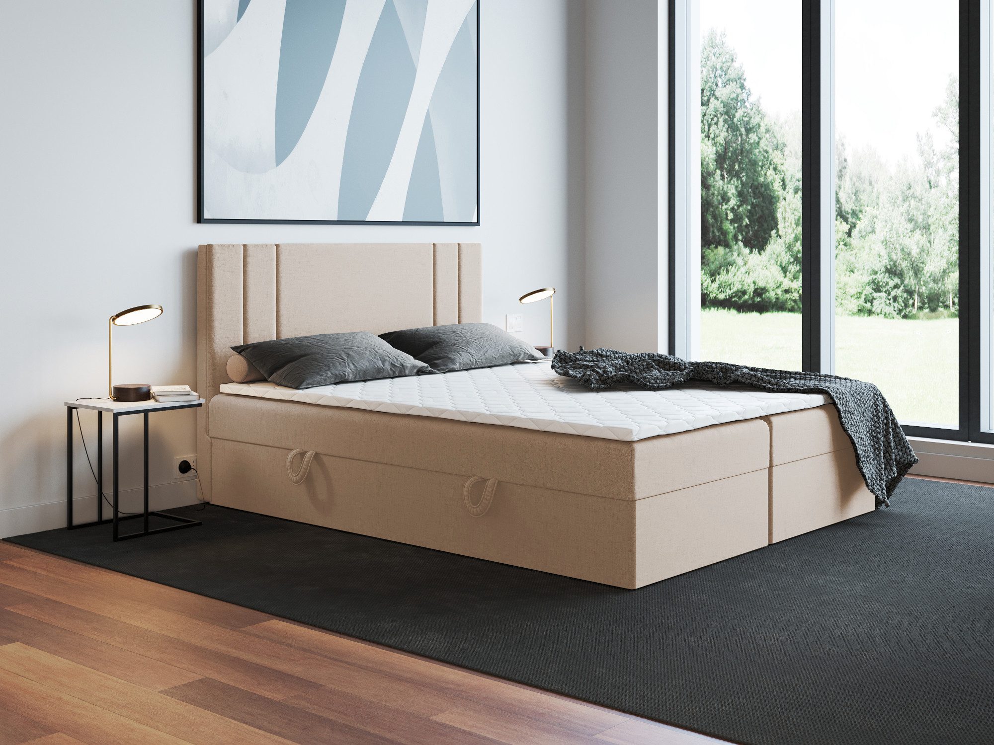 Godre Boxspringbett mit Bettkasten Nardo 140x200 cm - Bonellfederkern Matratze (Bett + Matratze + Topper), Bett mit zwei seitlich zu öffnenden Kästen