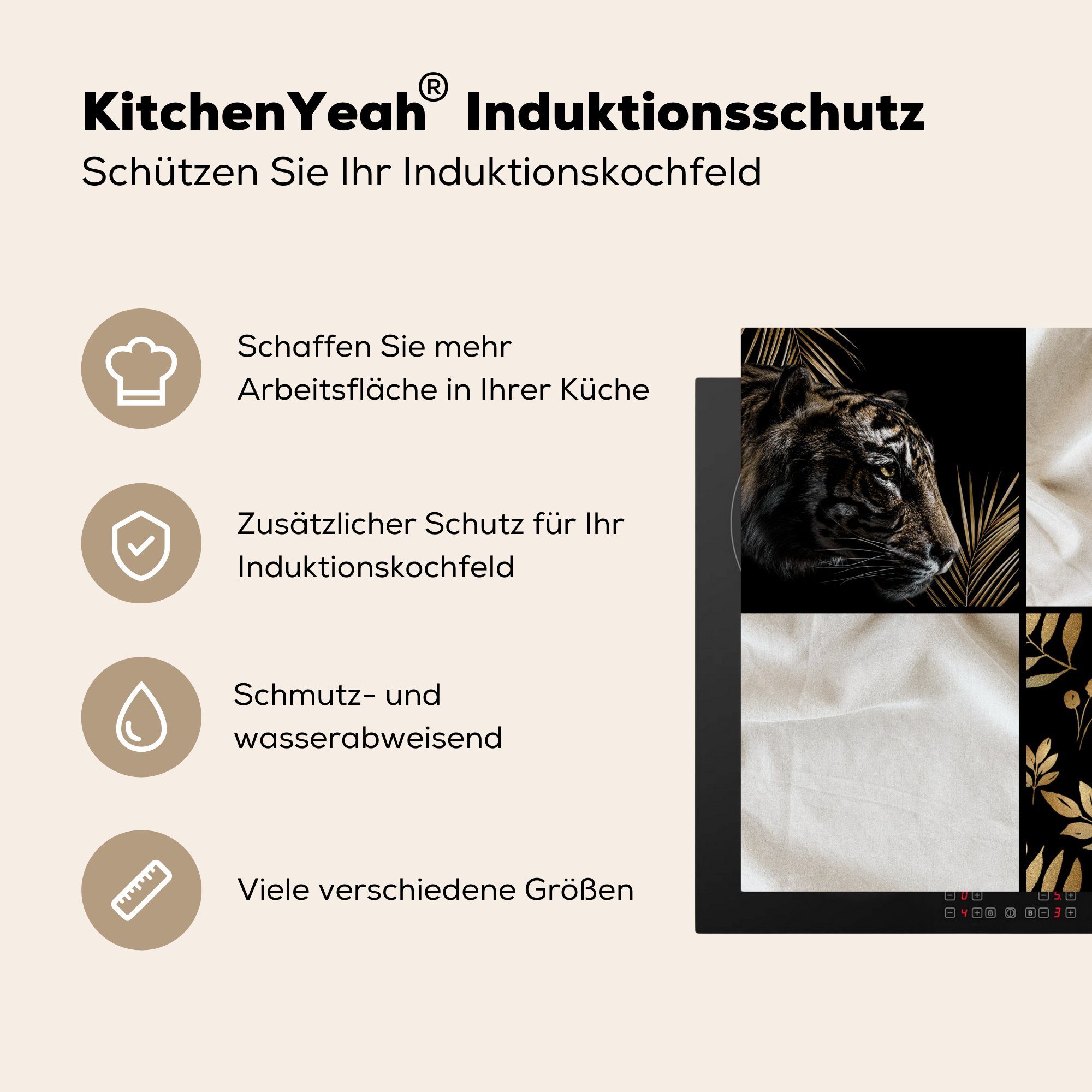 - (1 für Schwarz Herdblende-/Abdeckplatte - 78x78 - Ceranfeldabdeckung, MuchoWow cm, Tiger Arbeitsplatte Weiß, küche Gold Vinyl, tlg),