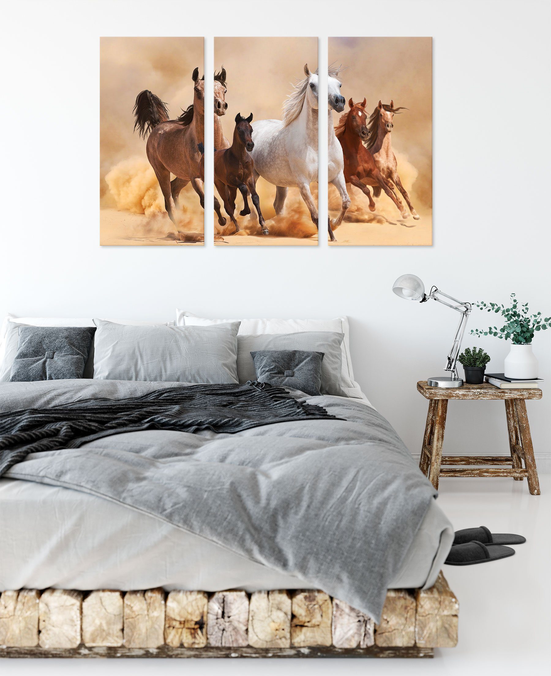 Pixxprint Leinwandbild Western Zackenaufhänger (120x80cm) mit mit (1 bespannt, St), fertig Pferde Fohlen 3Teiler Fohlen, Western inkl. Pferde Leinwandbild