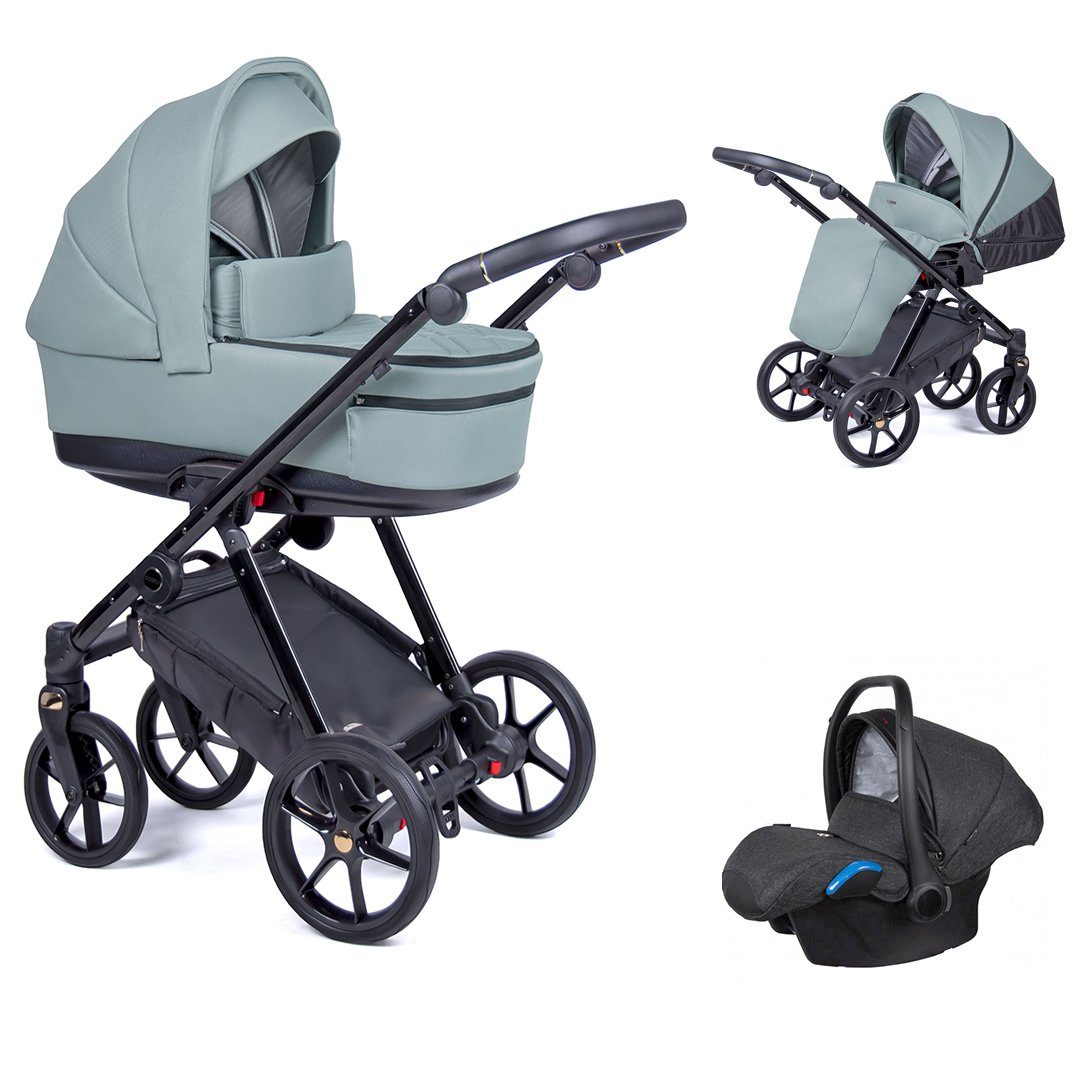 babies-on-wheels Kombi-Kinderwagen 3 in 1 Kinderwagen-Set Axxis - 15 Teile - in 24 Designs Opalgrün = Gestell schwarz