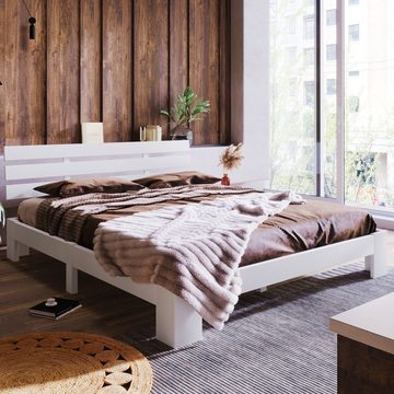 WISHDOR Holzbett Doppelbett Holz Bett Kinderbett Jugendbett Massivholzbett 140x200 cm (ohne Matratze Massivholzbett Bettgestell mit Lattenrosten mit Kopfteil), FSC Massiv Massivholz Kieferbett