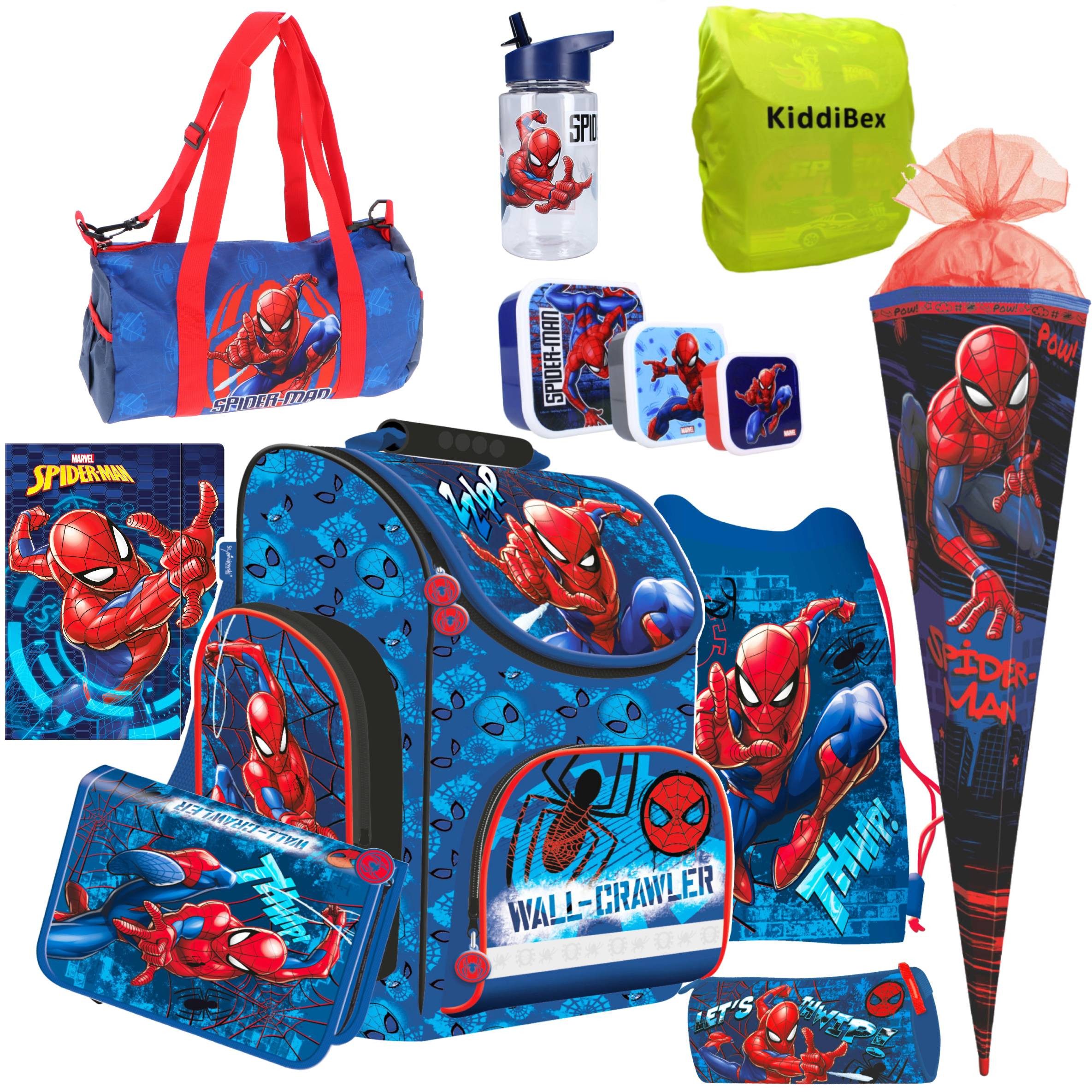 KiddiBex Ранцы Spiderman 4tlg. oder 12tlg. (Set, 04-tlg., Tornister, Mäppchen, Turnbeutel & Regenschutz), Jungen 1. Klasse - Grundschule Ranzen - Ergonomischer Schulrucksack
