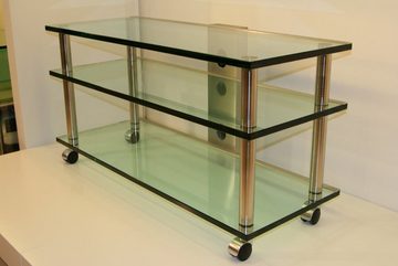 Design Objekte TV-Rack Glasmöbel TV-Board mit Edelstahlsäulen und Parkettrollen Breite 110 cm, Breite 110 cm