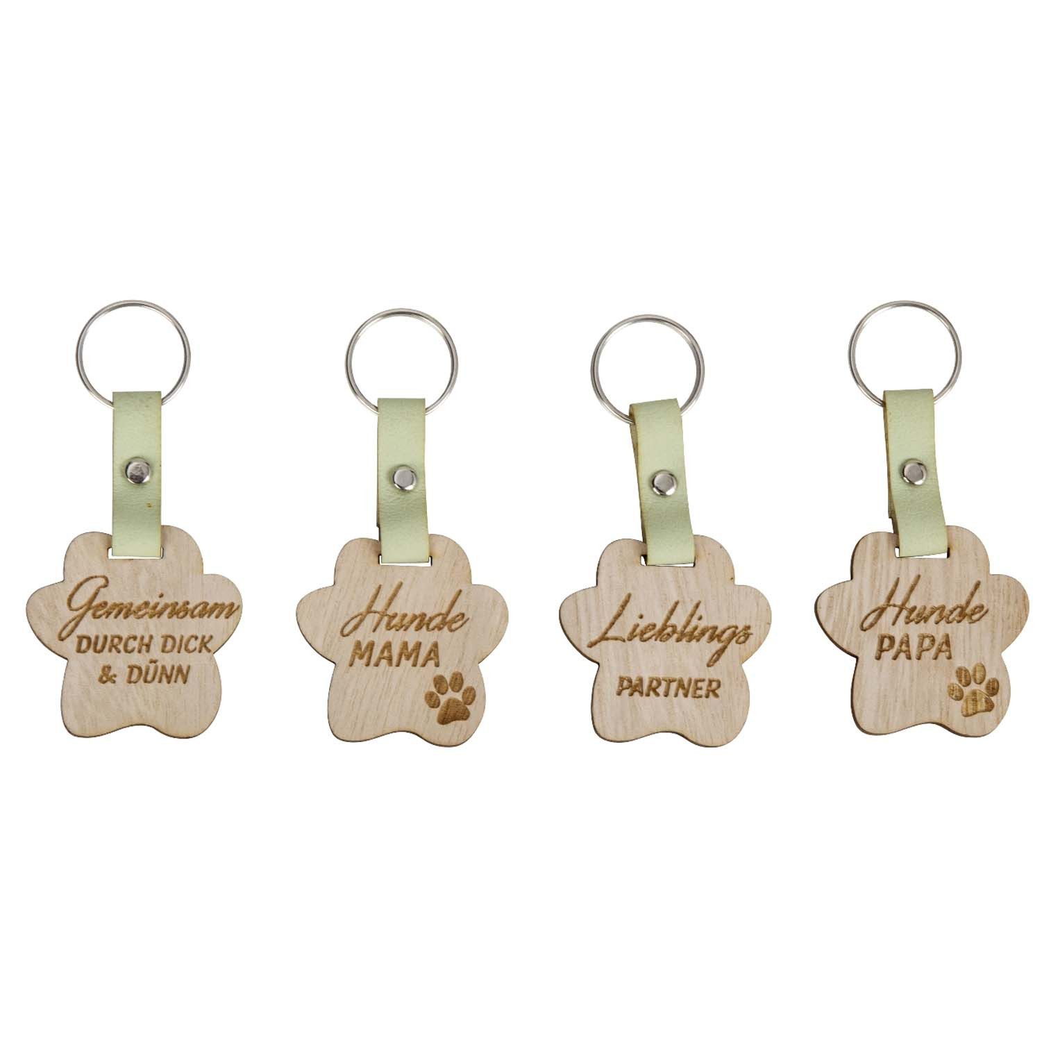 Mel-O-Design Schlüsselanhänger Set Schlüsselring Hundepfoten mit Sprüchen (aus Holz, 4er Set), kleines Geschenk für Hundefreunde