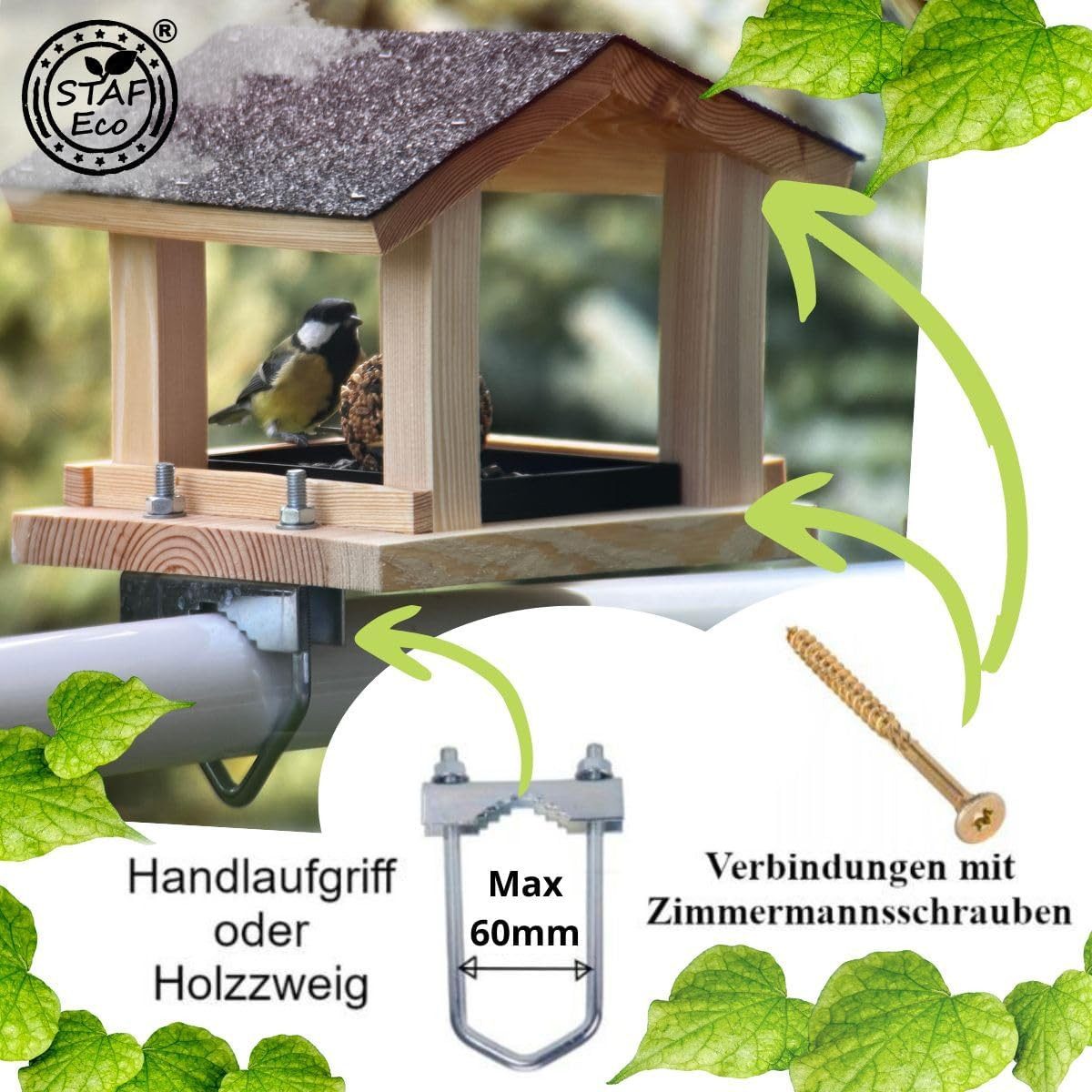 Stafeco Vogelhaus Vogelfutterhaus für Balkon und Garten Futterhaus Handarbeit, Verschiedene Modelle Mit/Ohne aufklappbares Dach Handarbeit Naturholz