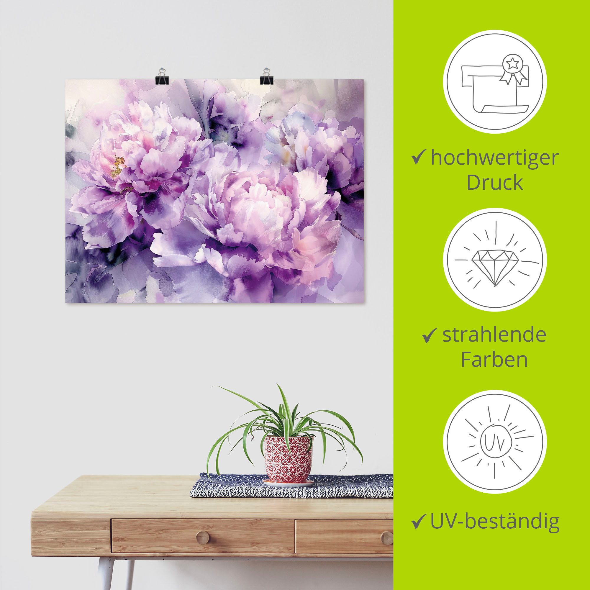 Artland Wandbild Lila Farbene Pfingstrosen Aquarell, Blumenbilder (1 St), als Alubild, Leinwandbild, Poster, Wandaufkleber in verschied. Größen