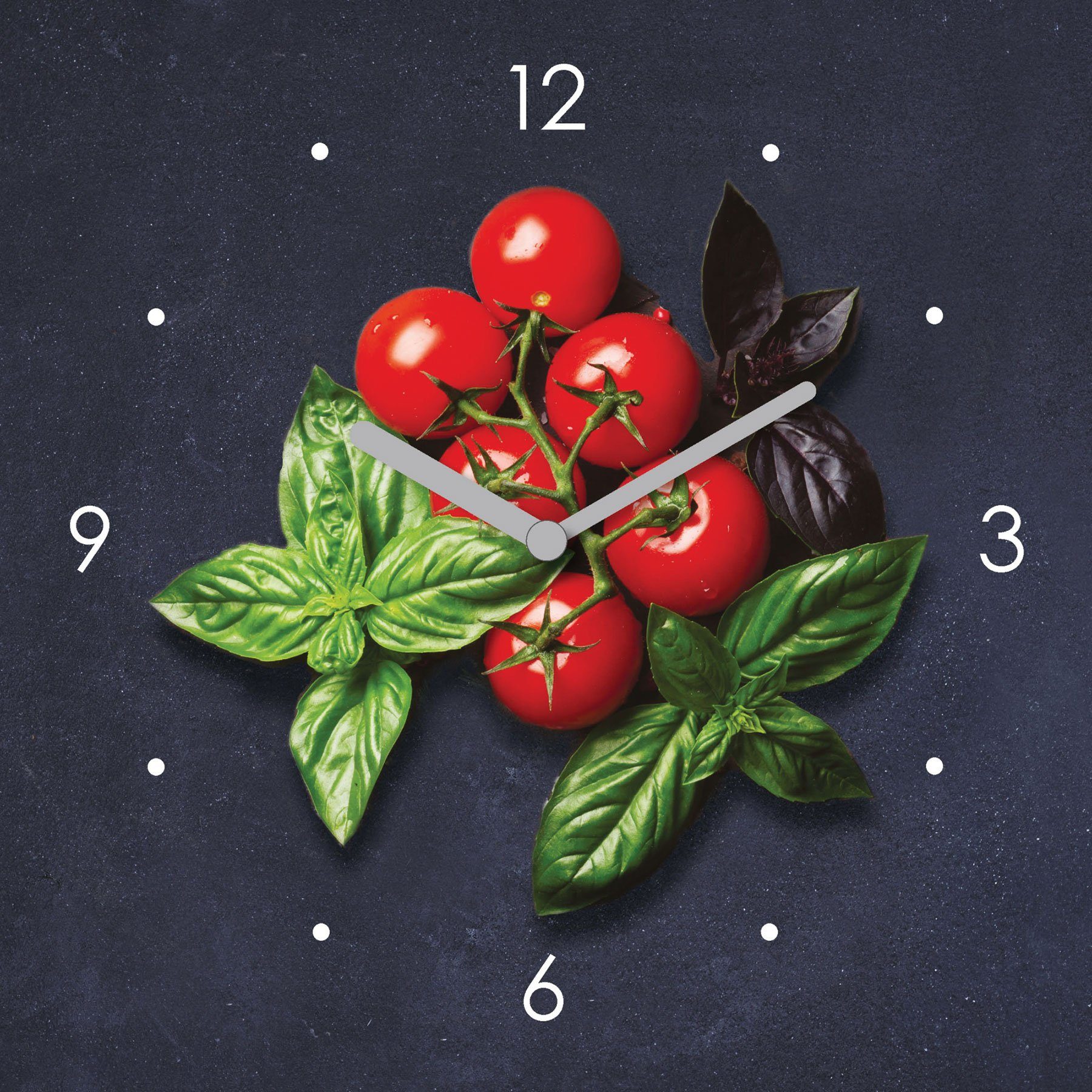 Levandeo® Wanduhr (Wanduhr Glas 20x20cm Tomate Basilikum Uhr Glasbild Küche Küchenbild)