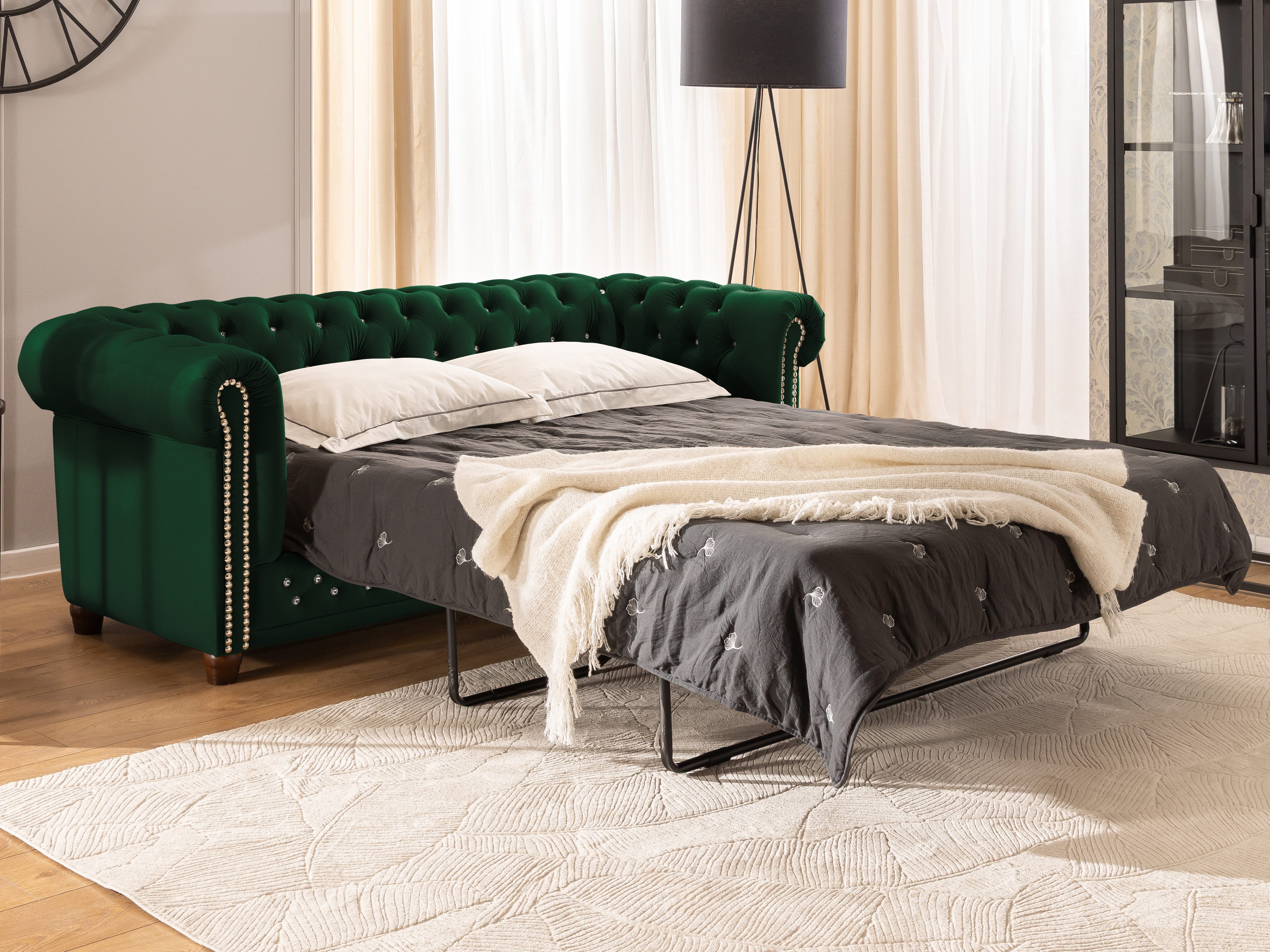 S-Style Möbel Chesterfield-Sofa 3-Sitzer mit Schlaffunktion Cleo Blink aus Samt mit Kristallsteppung, mit Wellenfederung