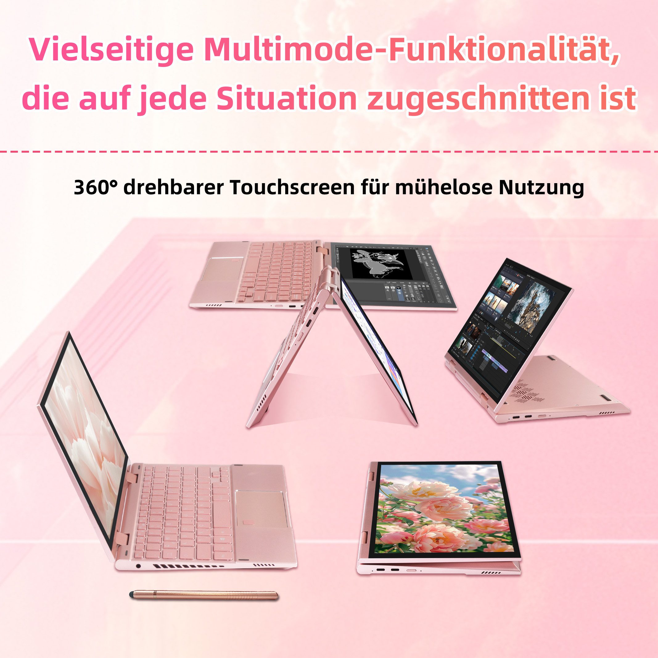 LONGEVINCE Rosa 2-in-1 Laptop mit 360°-Flip-Bildschirm, 16GB DDR5 Notebook (27,81 cm/10.95 Zoll, Intel Celeron N95, 16 GB, 238 GB SSD, Rosa Ultrabook, Mini-Laptop, 2K-Touchdisplay)