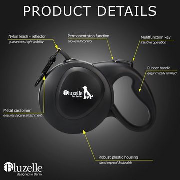 Bluzelle Rollleine, Nylon, Hundeleine für Hunde bis 50kg - 8m Rolleine mit Reflektor Gurt & Haken