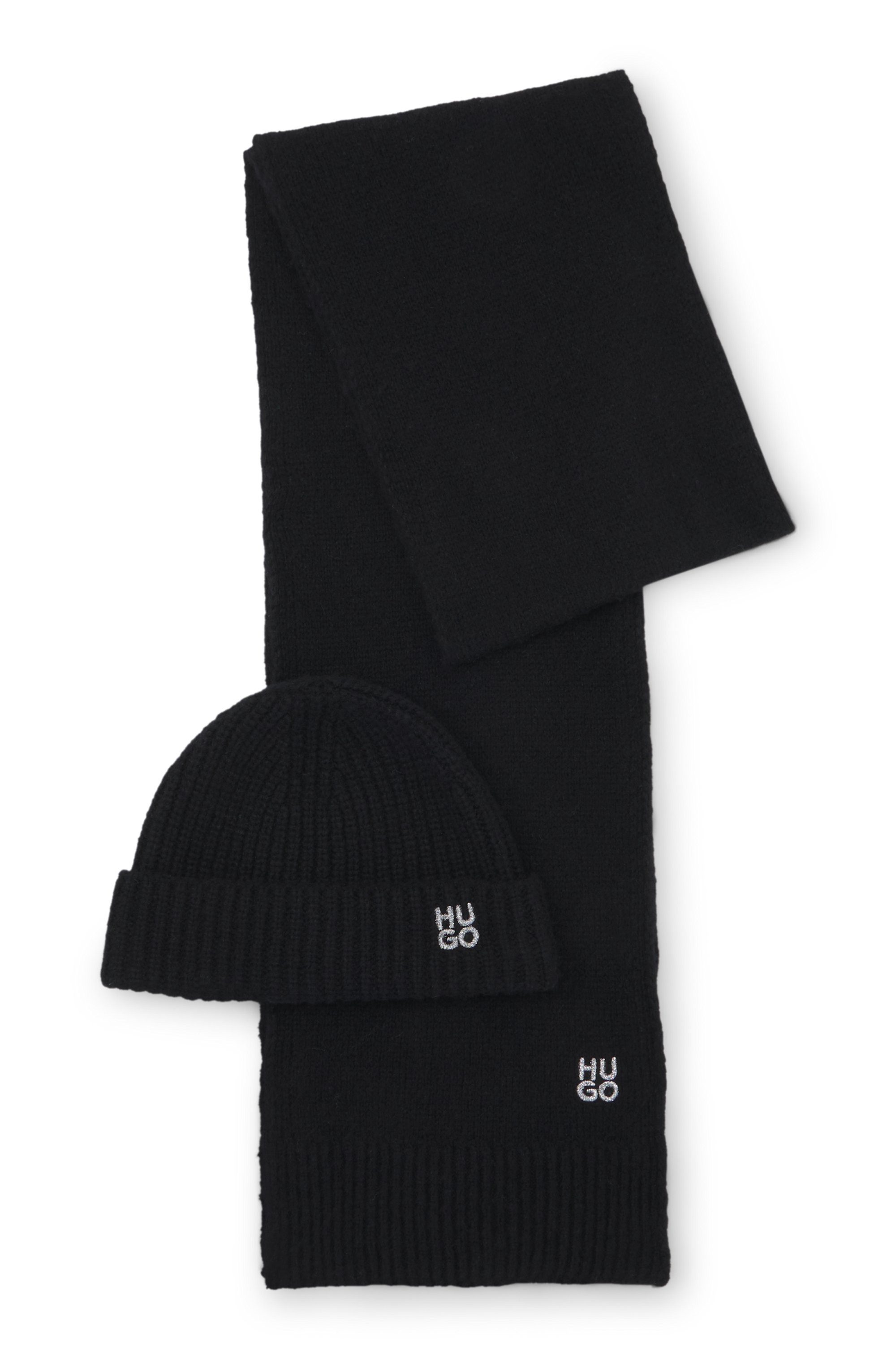 HUGO Strickschal Sarmi Set, (Set, 2-St), mit passender Mütze, Woll-Mix, Geschenkbox