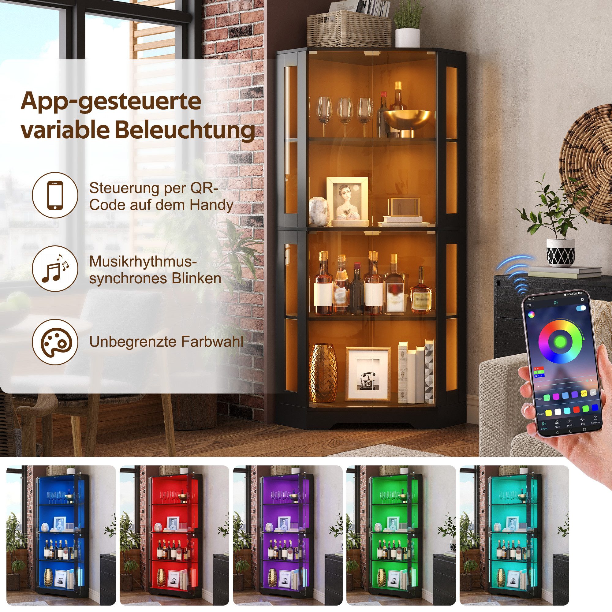 Celya Eckvitrine Glasvitrinenschrank moderner Weinschrank mit LED (4-stufiger Sicherheitsglas-Eckschrank)