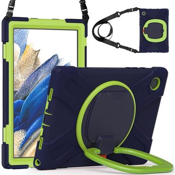 Wigento Tablet-Hülle Für Samsung Galaxy Tab A8 2021 X205 X200 aufstellbare Outdoor Hybrid Blau 360 Grad mit Trage Gurt Tablet Tasche Etuis Cover Case Schutz Robust Neu