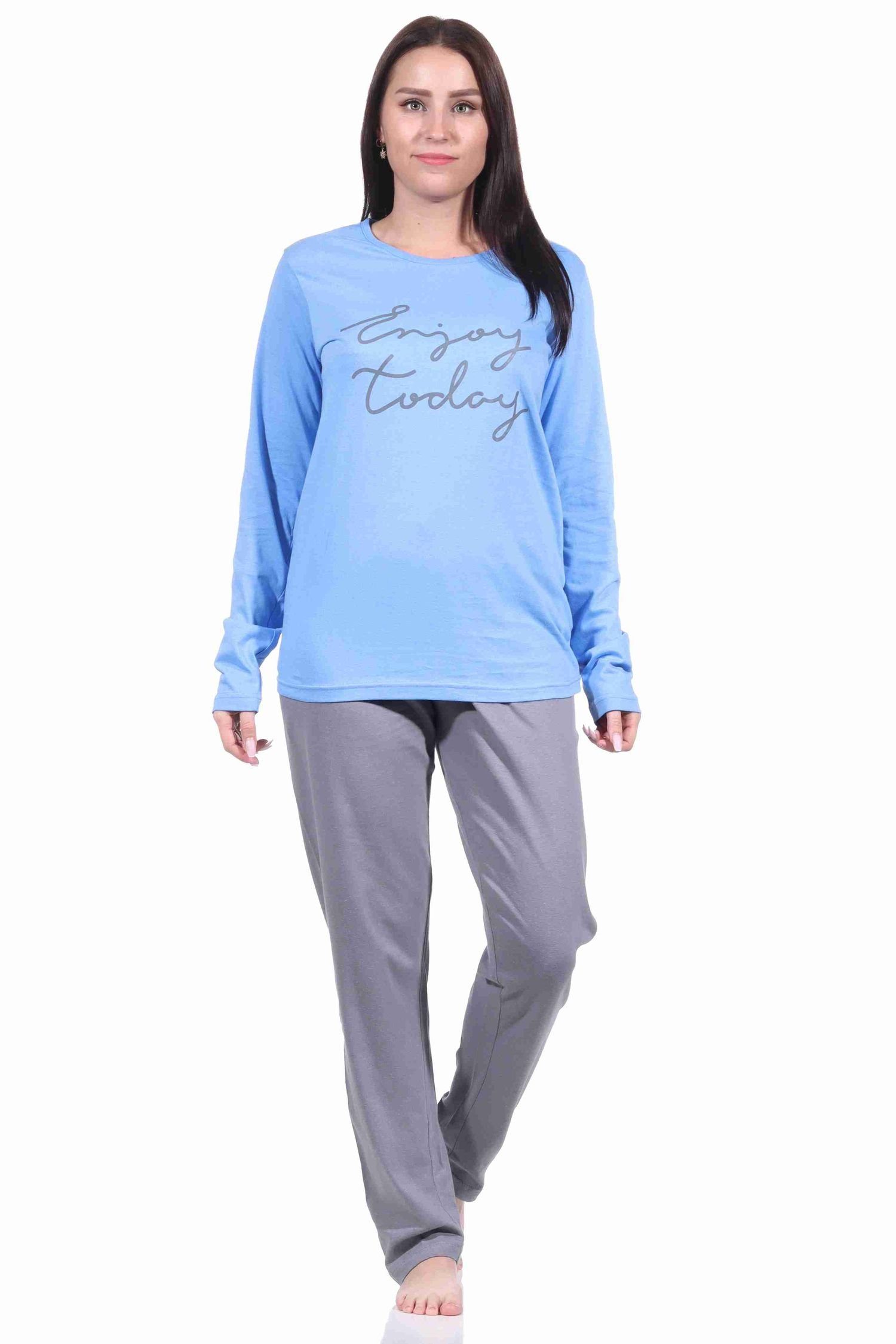 blau lang Schlafanzug Damen Frontprint 212 10 by Pyjama 902 mit RELAX - Normann