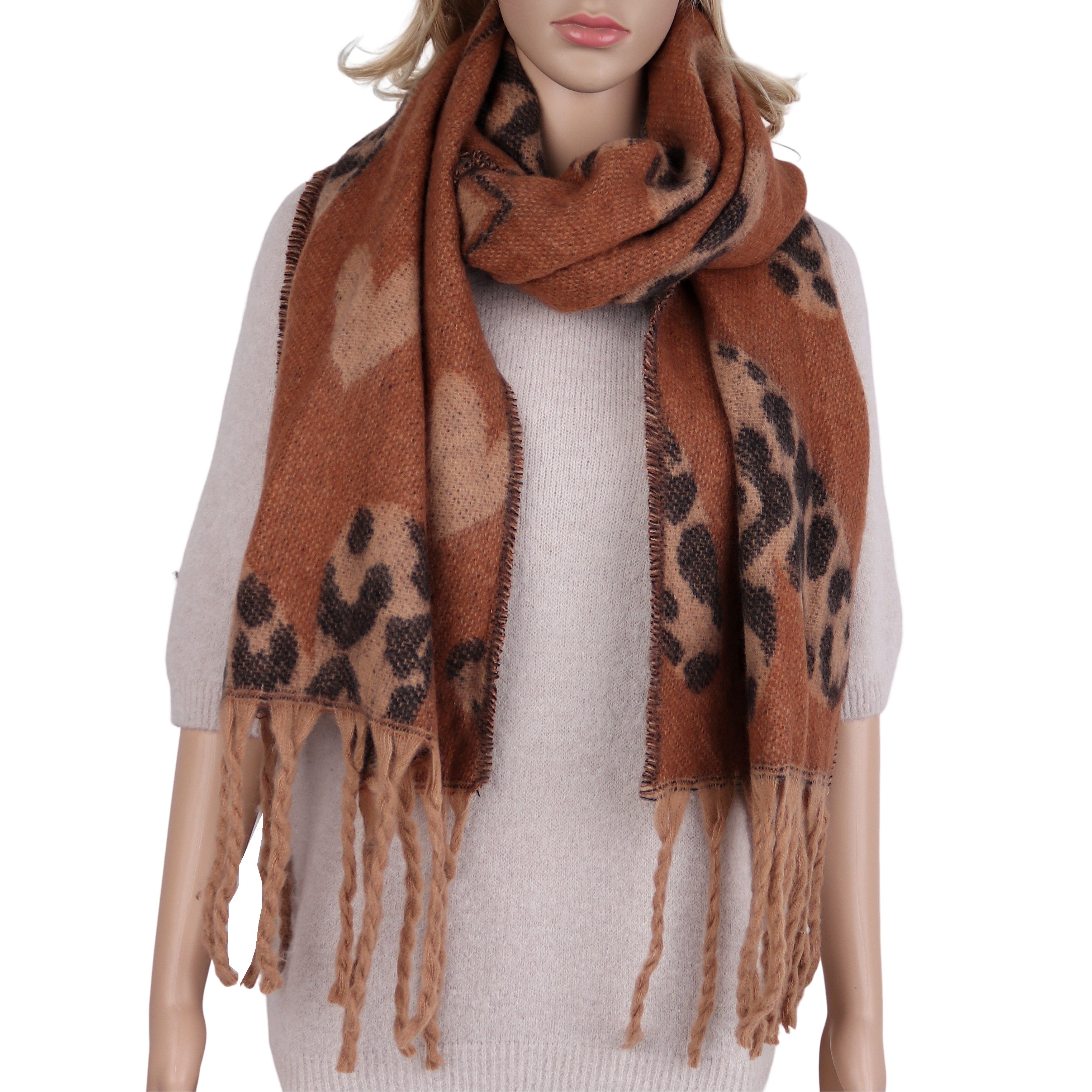Modeschal weicher und warmer Schal Herzenmotiv mit Fransen, 40 x180cm