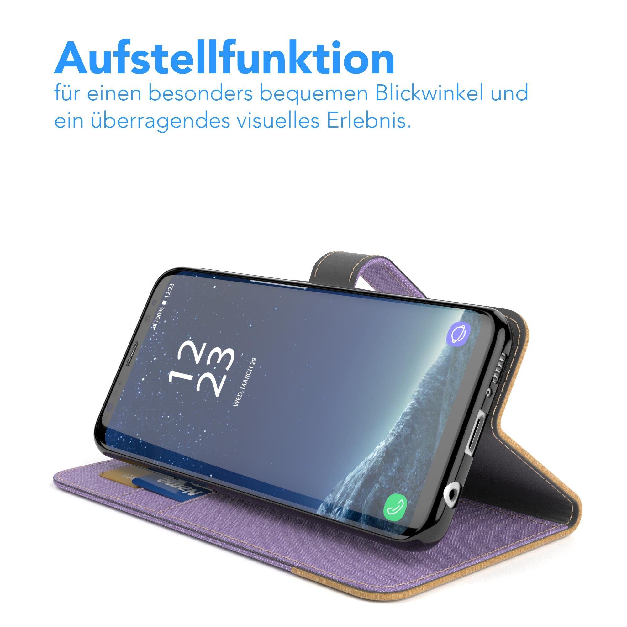 EAZY CASE Handyhülle Bookstyle Jeans für Samsung Galaxy S8 5,8 Zoll, Bookstyle Klapphülle mit Visitenkartenfach aus Kunstleder Lila Violett