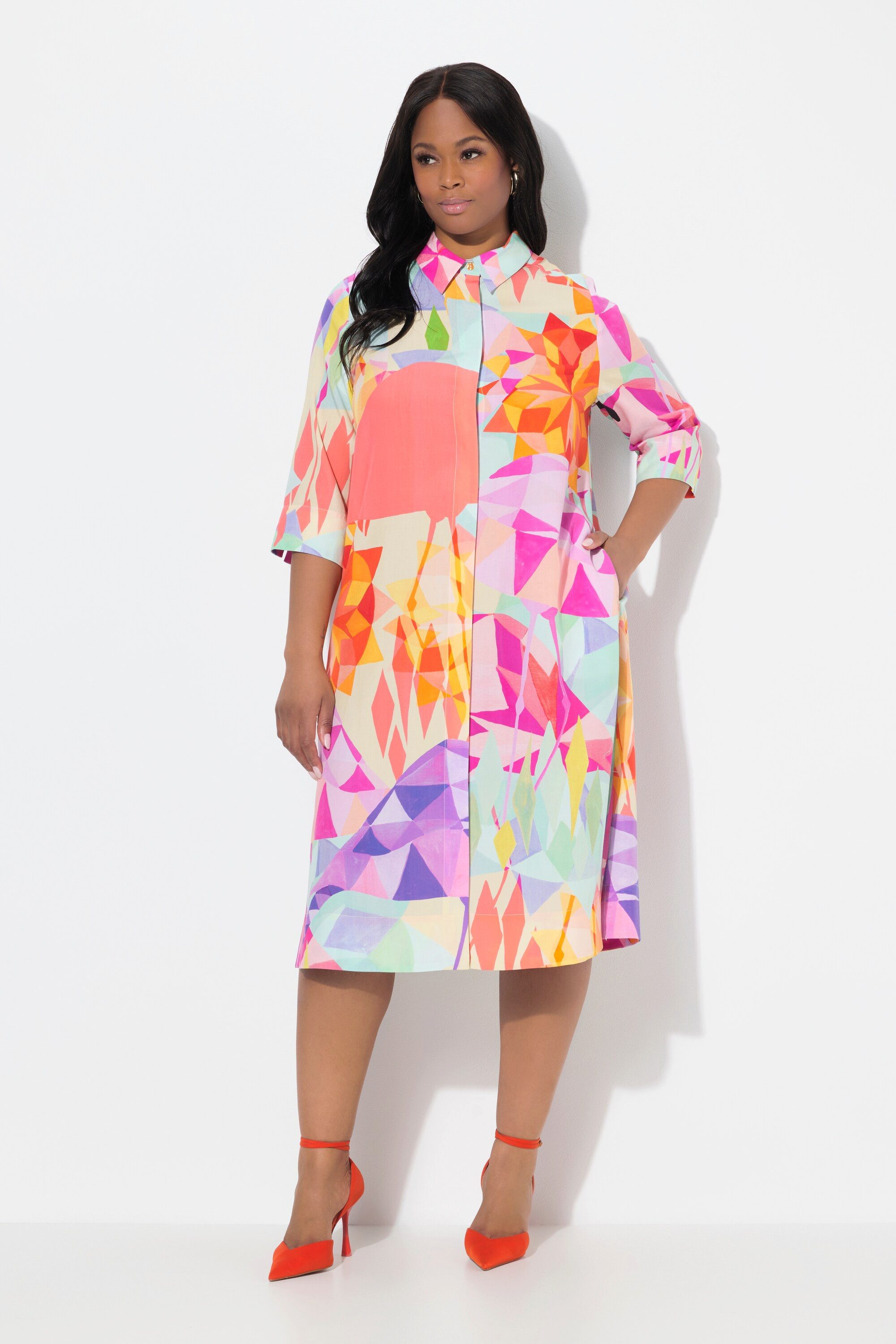 Ulla Popken Midikleid Midi-Lyocellkleid Flamingos Hemdkragen günstig online kaufen
