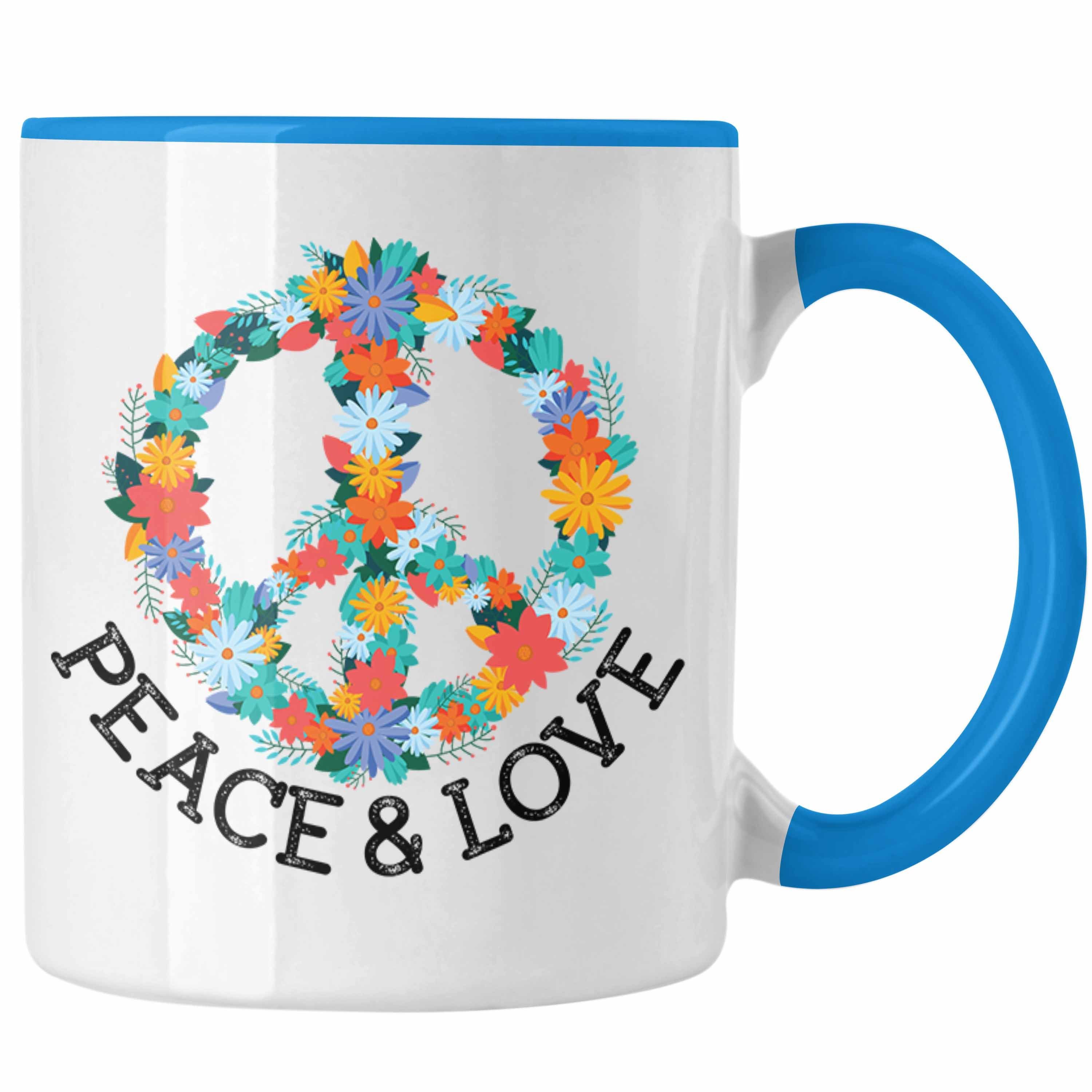 Trendation Tasse Trendation - Peace & Love Zeichen Tasse Frieden Hippie 90er 80er Grafik Geschenk Blumen Grün Blau