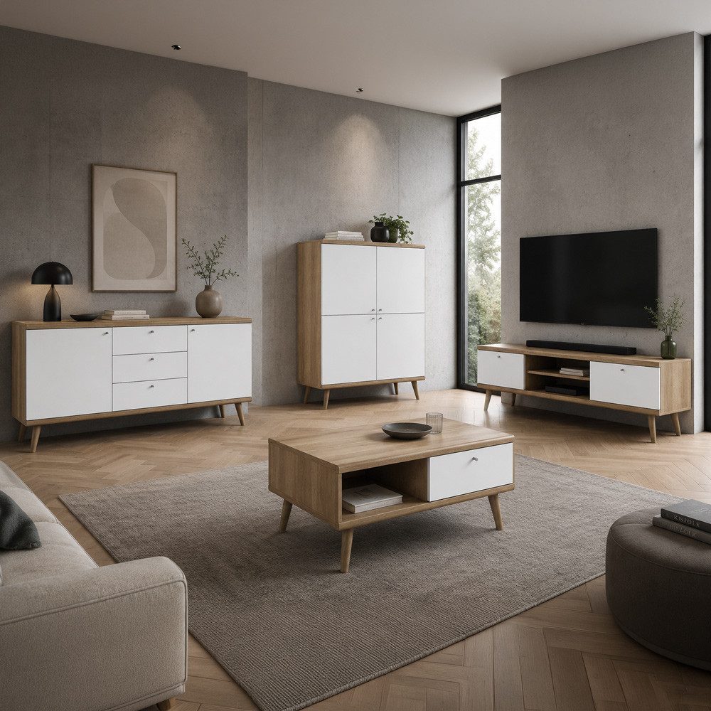 Lomadox Wohnzimmer-Set POSITANO-160, (Mega-Spar-Set, 4-St., Sideboard Highboard Lowboard Couchtisch), in Weiß mit Eiche, moderens Retro-Design