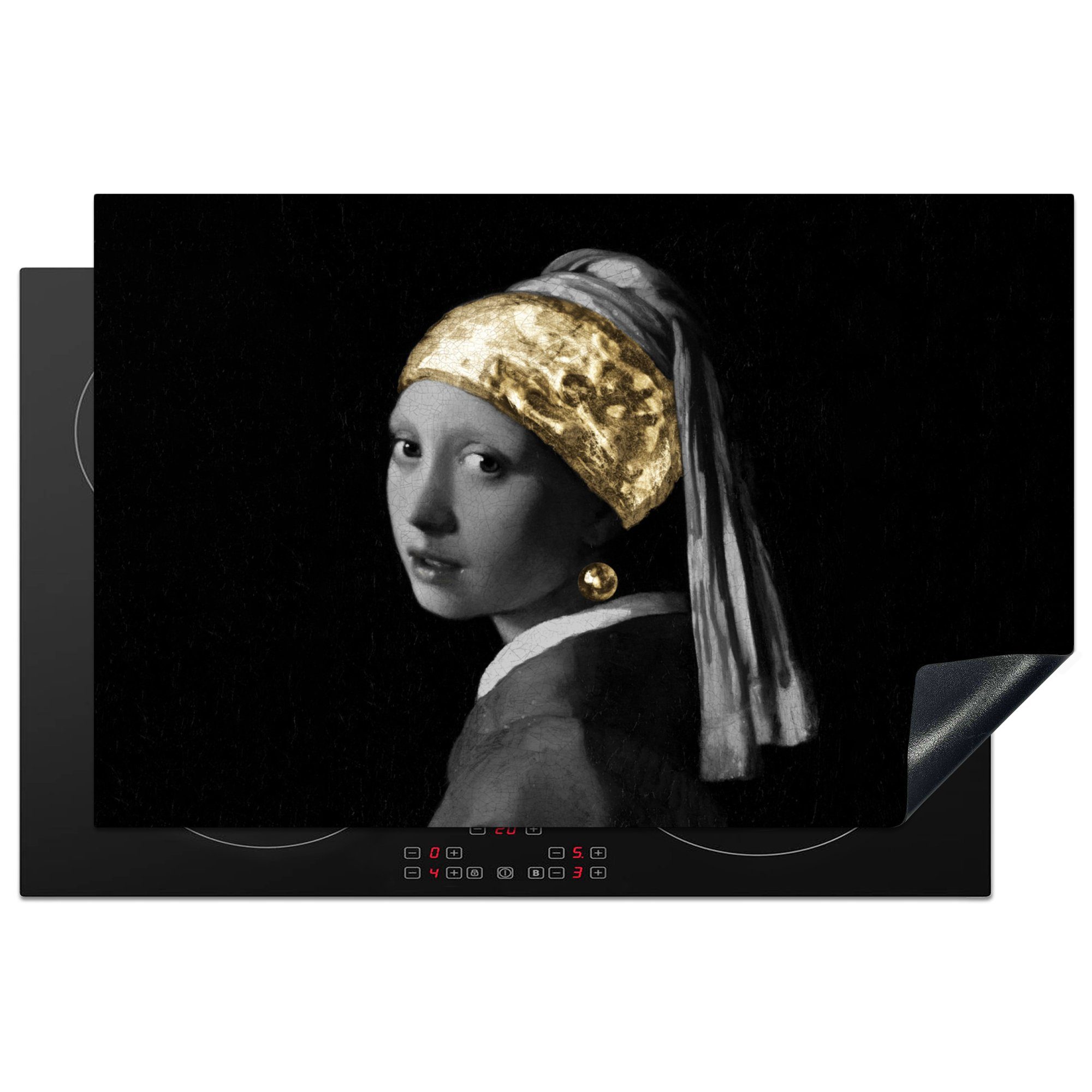 MuchoWow Herdblende-/Abdeckplatte Mädchen mit einem Perlenohrring - Vermeer - Gold, Vinyl, (1 tlg), 81x52 cm, Induktionskochfeld Schutz für die küche, Ceranfeldabdeckung