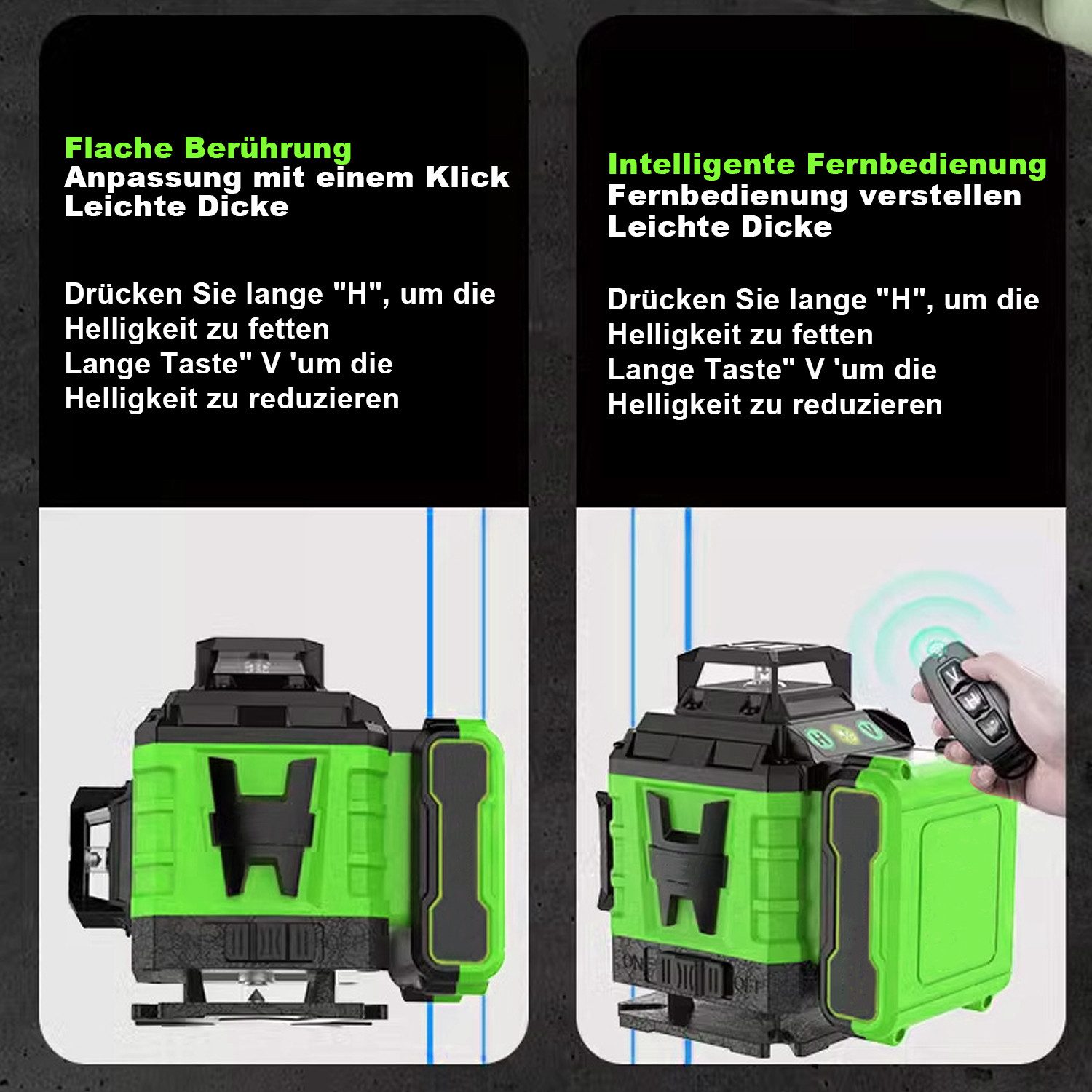 OKWISH Laserwasserwaage Kreuzlinienlaser mit Stativ 4D 16 Linienlaser IP54 Wasser Staubdicht, (4 x 360 °Laser Wasserwaage Selbstnivellierend, 1 St., mit 2x4000mAh Batterien Einstellbare Helligkeit Fernkontrolle), Baulaser Kreuzlaser Grün für Innenbereich Bauste