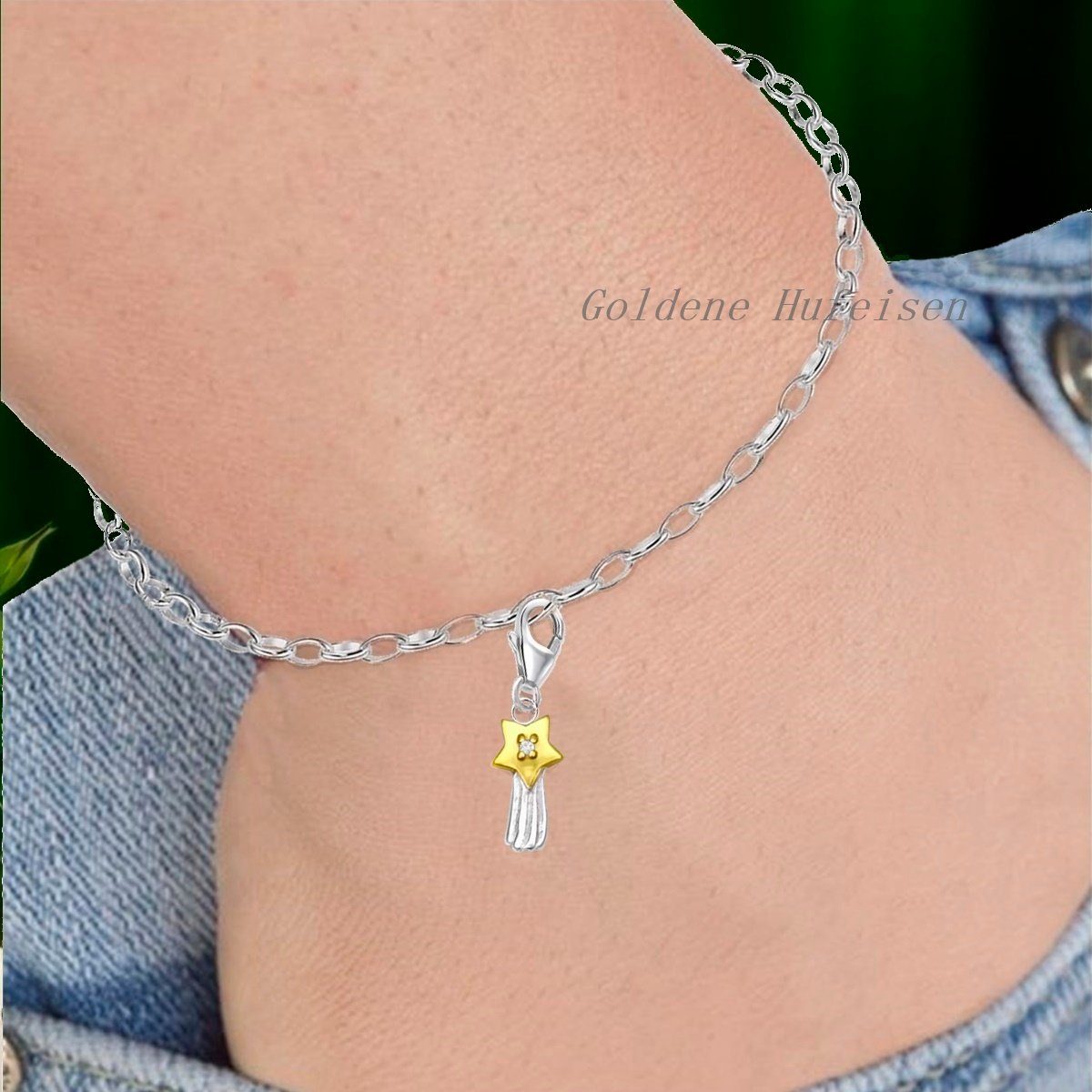 Goldene Hufeisen Charm Stern Sternschnuppe Karabiner Charm Anhänger 925 Silber teilvergoldet