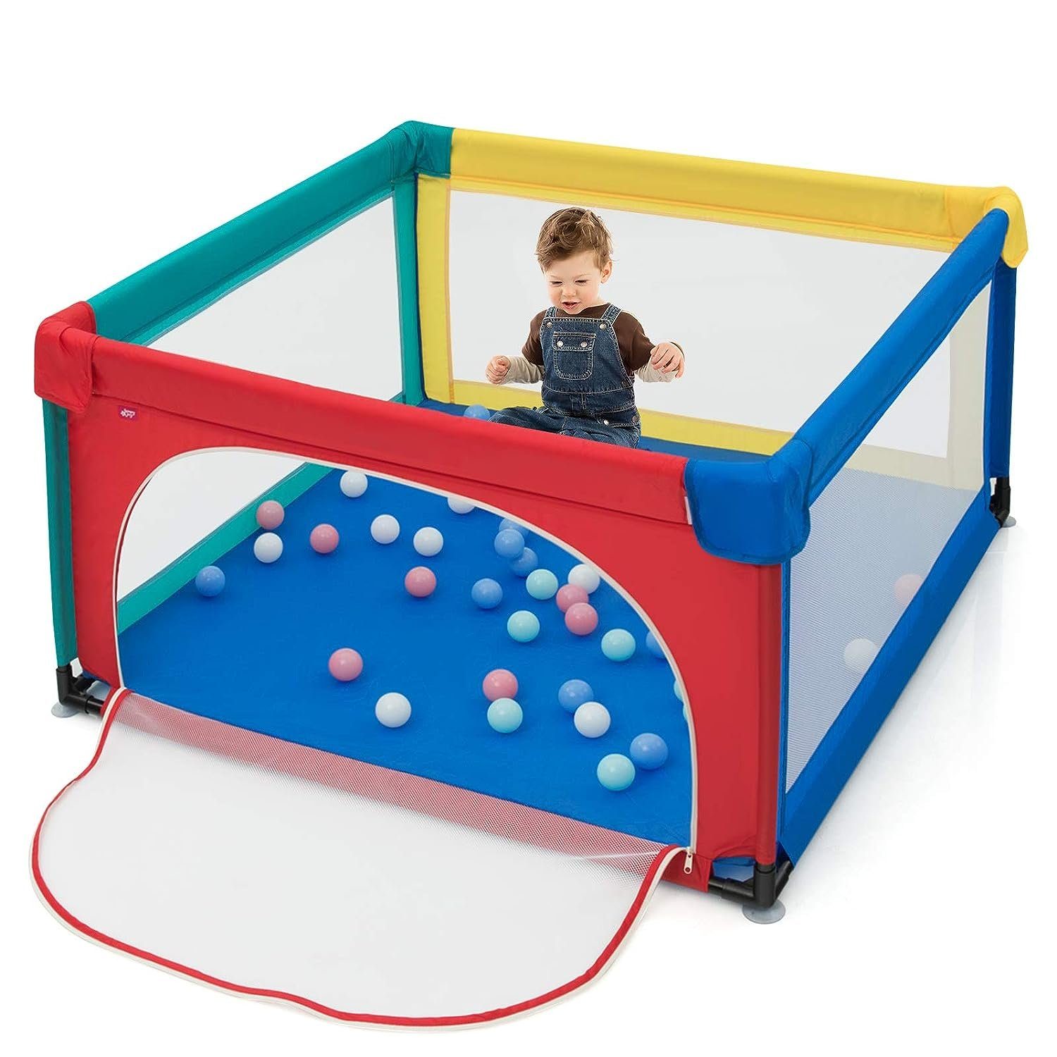 KOMFOTTEU Laufstall Baby, mit 50 Spielbällen, 120x120cm bunt