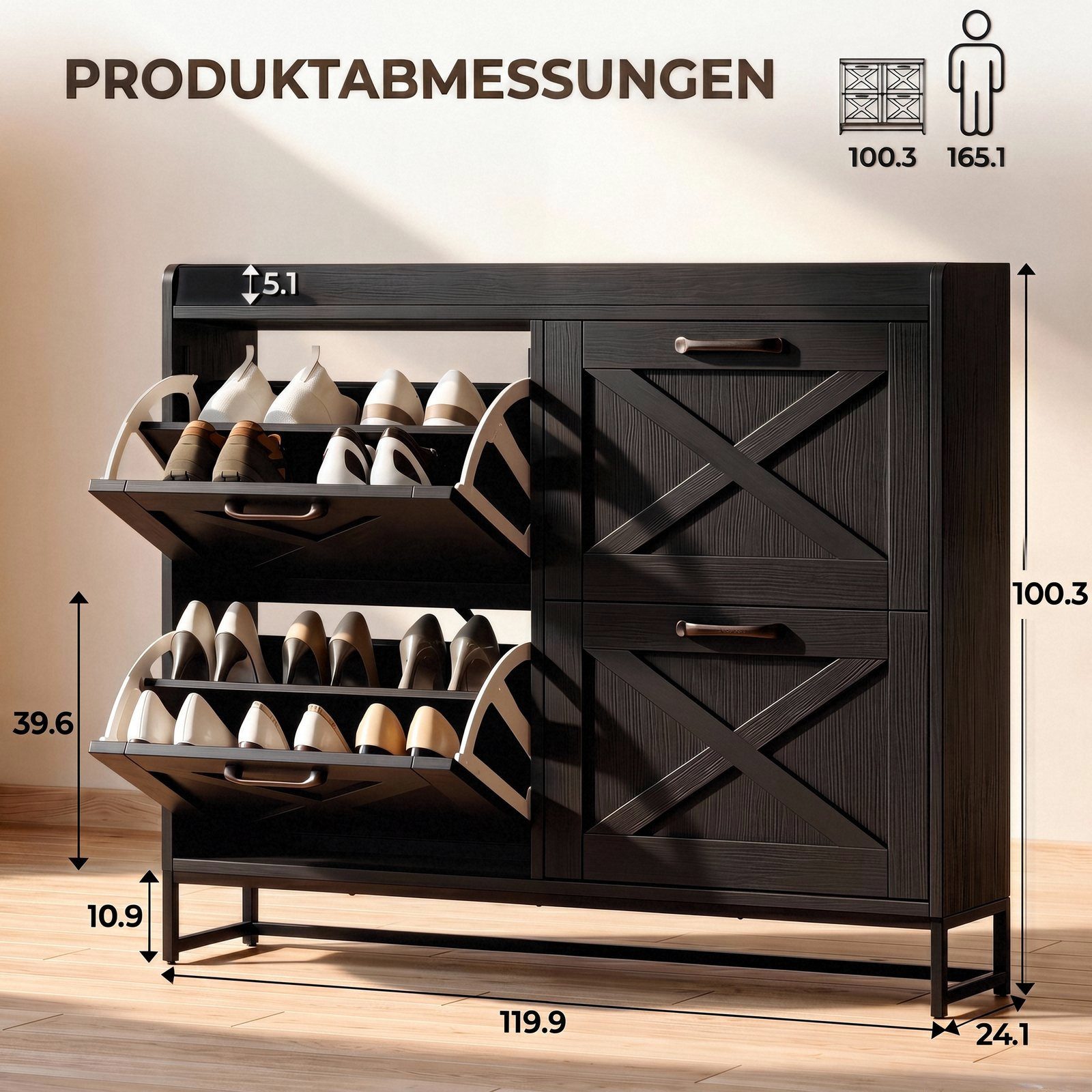 VOWNER Schuhschrank Landhaus Dielenschrank mit 4 Klappfächern, 120 × 24 × 100 cm (1-St) Schmale Schuhkommode, platzsparend für Diele und Flur