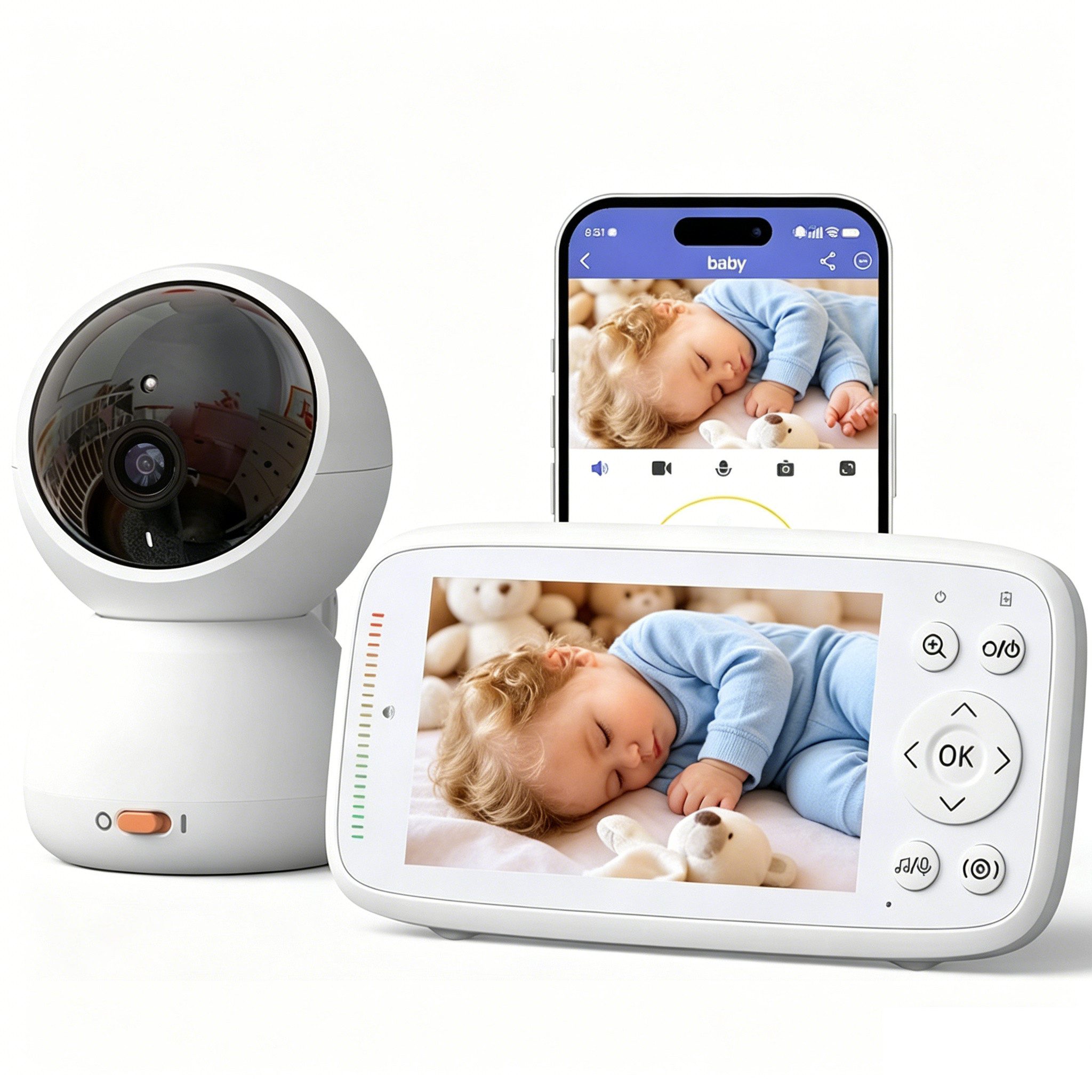 Boifun Video-Babyphone 360 Grad Babyphone mit Kamera, 4'' IPS WLAN Video Babyfon, IR Nachtsicht 17600mAh 3X Zoom 360° Ansicht Zwei-Wege-Audio Temperaturüberwachung, 1-tlg., Nachtsicht, Bereich alarme, Temperatur, Baby Kamera und APP, Unterstützt Mehrere Schlaflieder zum Aufrufen mit einem Klick