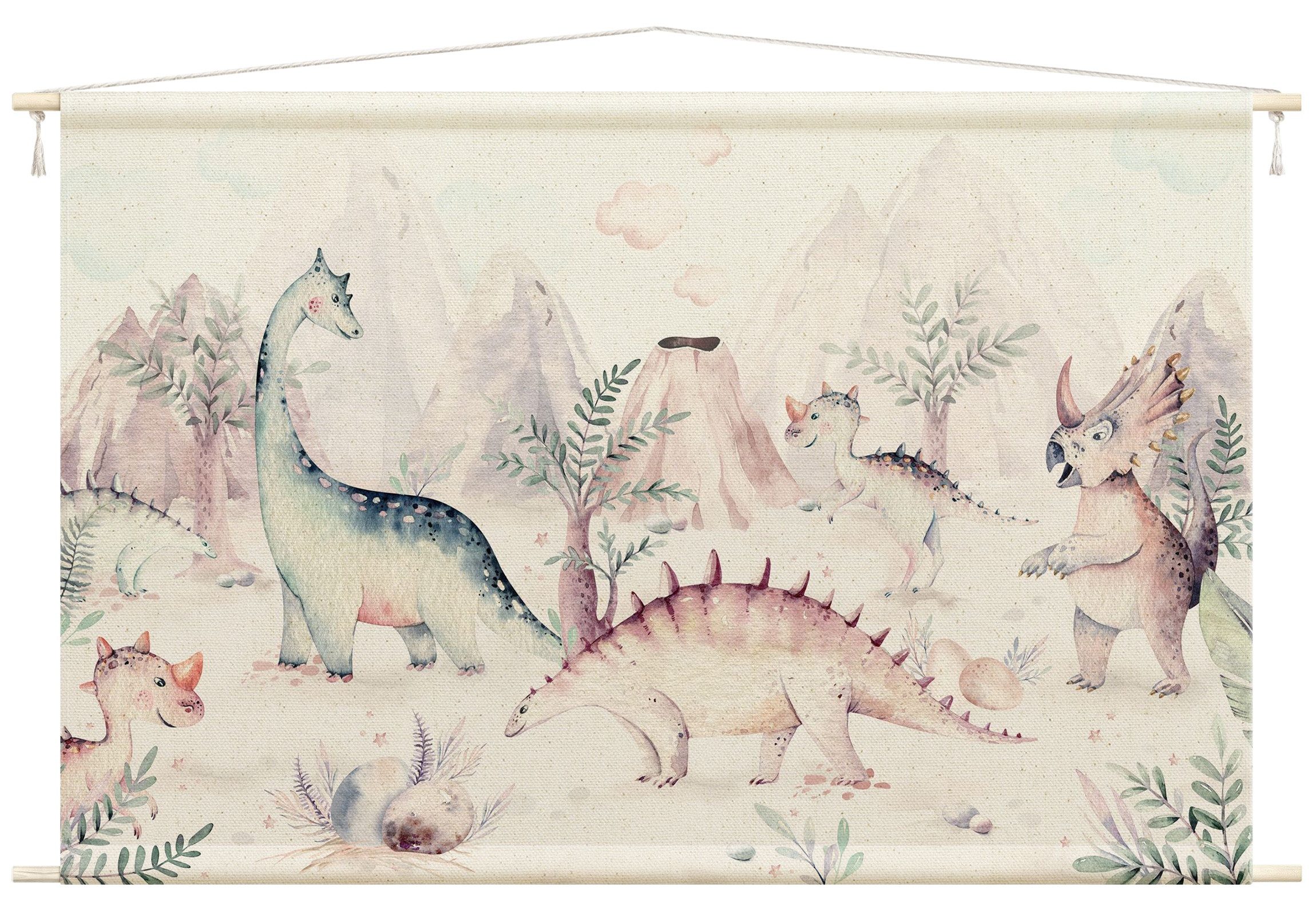 Bilderdepot24 Wandteppich modern Aquarell Tiere Dinosaurier bunt, rechteckig, Höhe: 2.6 mm, großes Wandbild aus Natur-Baumwolle Wandbehang Stoffbild Tuch Wollseil