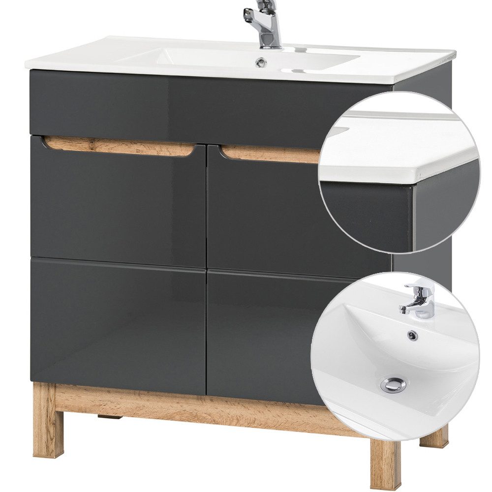 Lomadox Waschtisch SOLNA-56, unterschrank mit 81cm Keramik- Hochglanz grau, Wotaneiche, 81x85x46cm