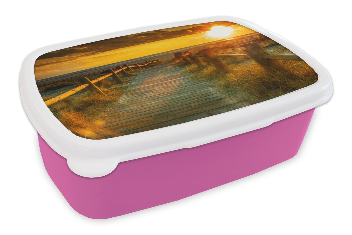 MuchoWow Lunchbox Sonne - Strand - Düne - Horizont - Gras - Weg - Orange, Kunststoff, (2-tlg), Brotbox für Erwachsene, Brotdose Kinder, Snackbox, Mädchen, Kunststoff rosa