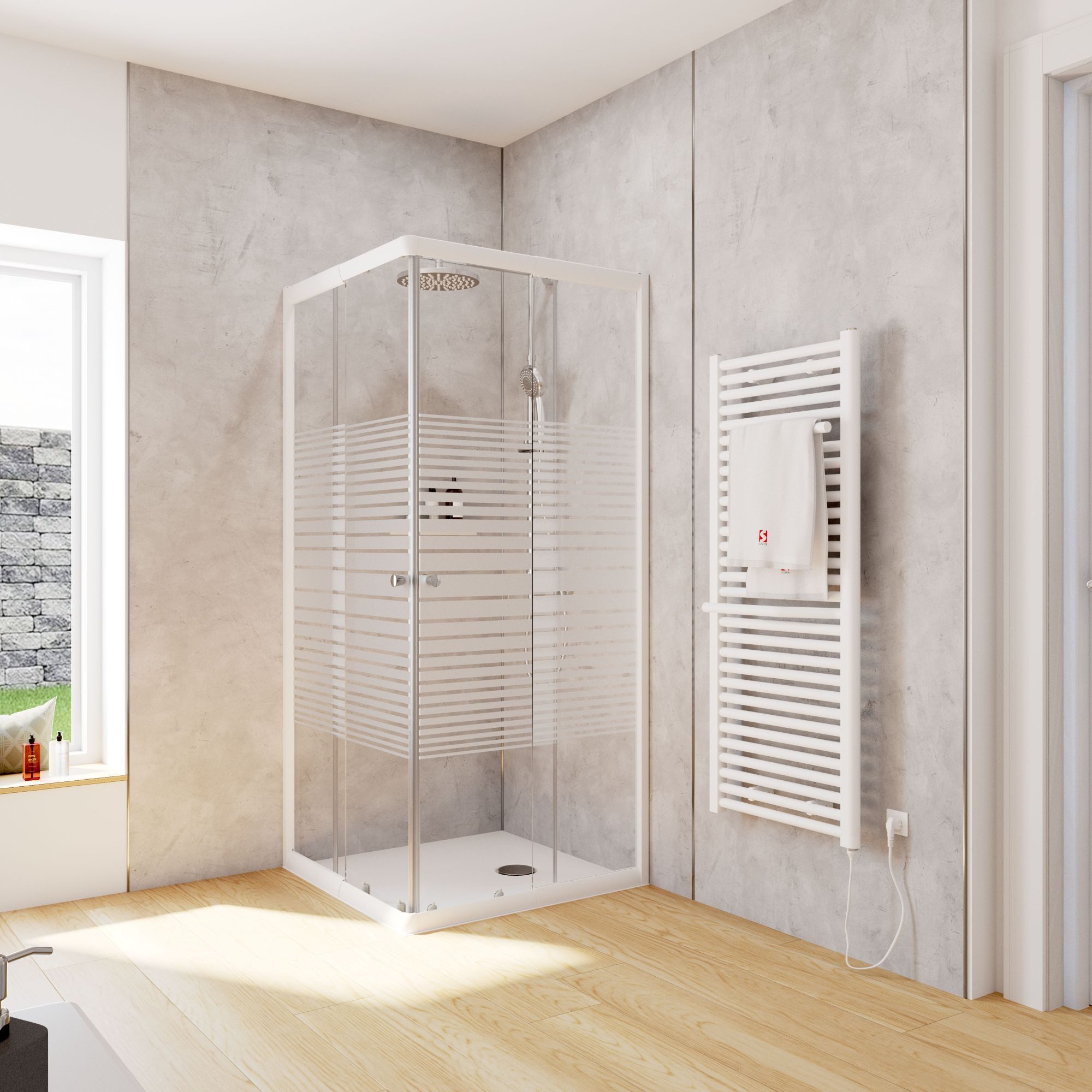 Schulte Eckdusche Corner, BxT: 80x80 cm, Sicherheitsglas, Eckeinstieg mit Schiebetüren, 180 cm hoch Querstreifen Profil Weiß