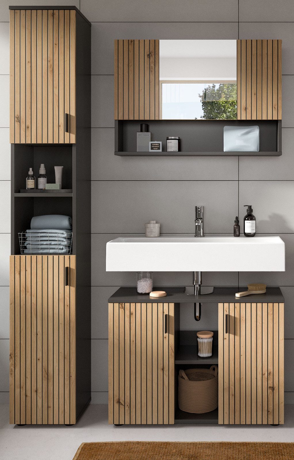 Inn.Furn Badmöbel-Set Livia, (Badezimmer in Eiche Artisan mit Rillen, Set 3 günstig online kaufen