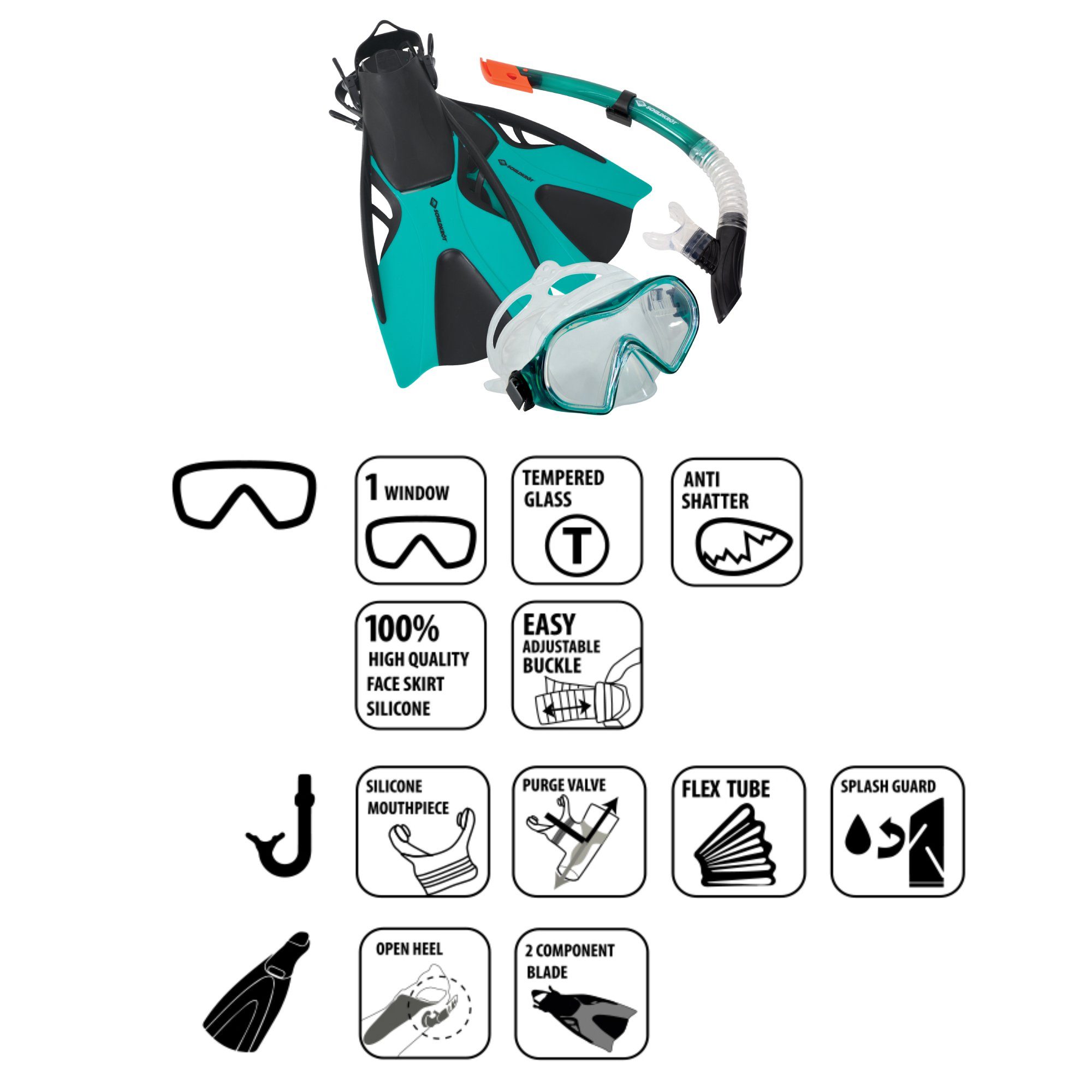 Schildkröt Funsports Flosse Schildkröt Schnorchel Set Cayman türkis, 3 teilig L/XL