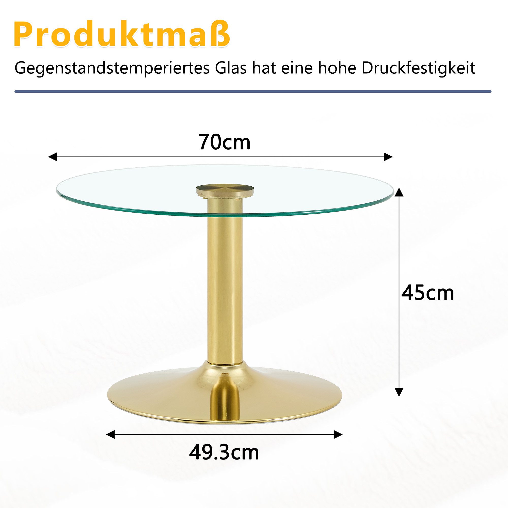gopop Beistelltisch Glas70cm Metall Gold/Silber/Schwarz 45cm hoch, Modern (1-St), Das einbeinige Metallsäulengestell bietet ausgezeichnete Stabilität