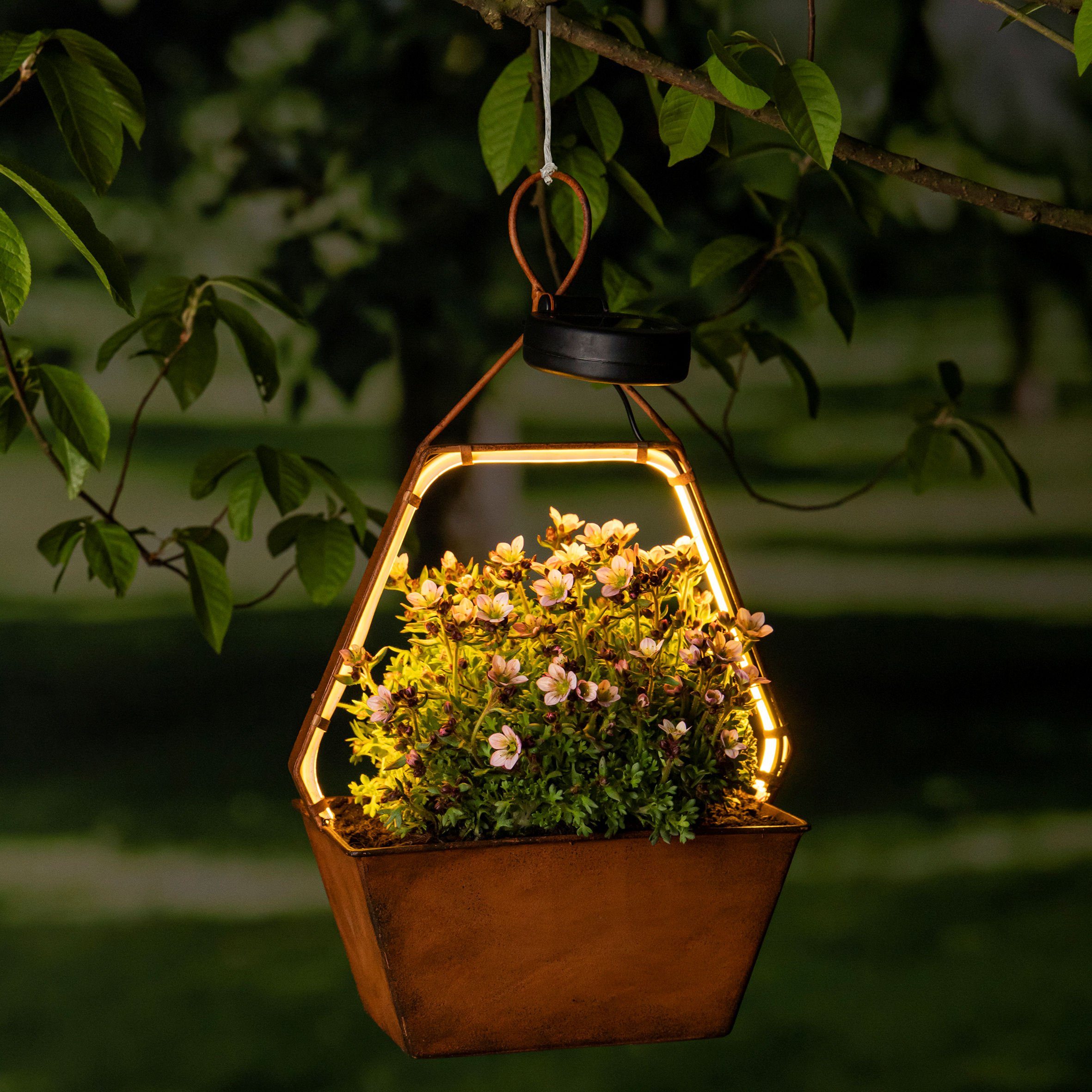 Spetebo Blumentopf Solar Blumenampel beleuchtet Rost Optik - HEXAGON (einteilig, 1 St., Pflanzschale mit Solar Licht), Rostoptik Blumentopf Hängeleuchte