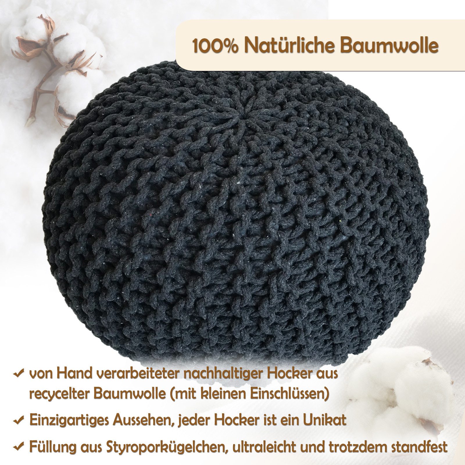 Amagohome Sitzhocker Strickhocker Pouf Ø45 o. 55cm Bodenkissen Sitzpouf XXL Baumwolle recyc