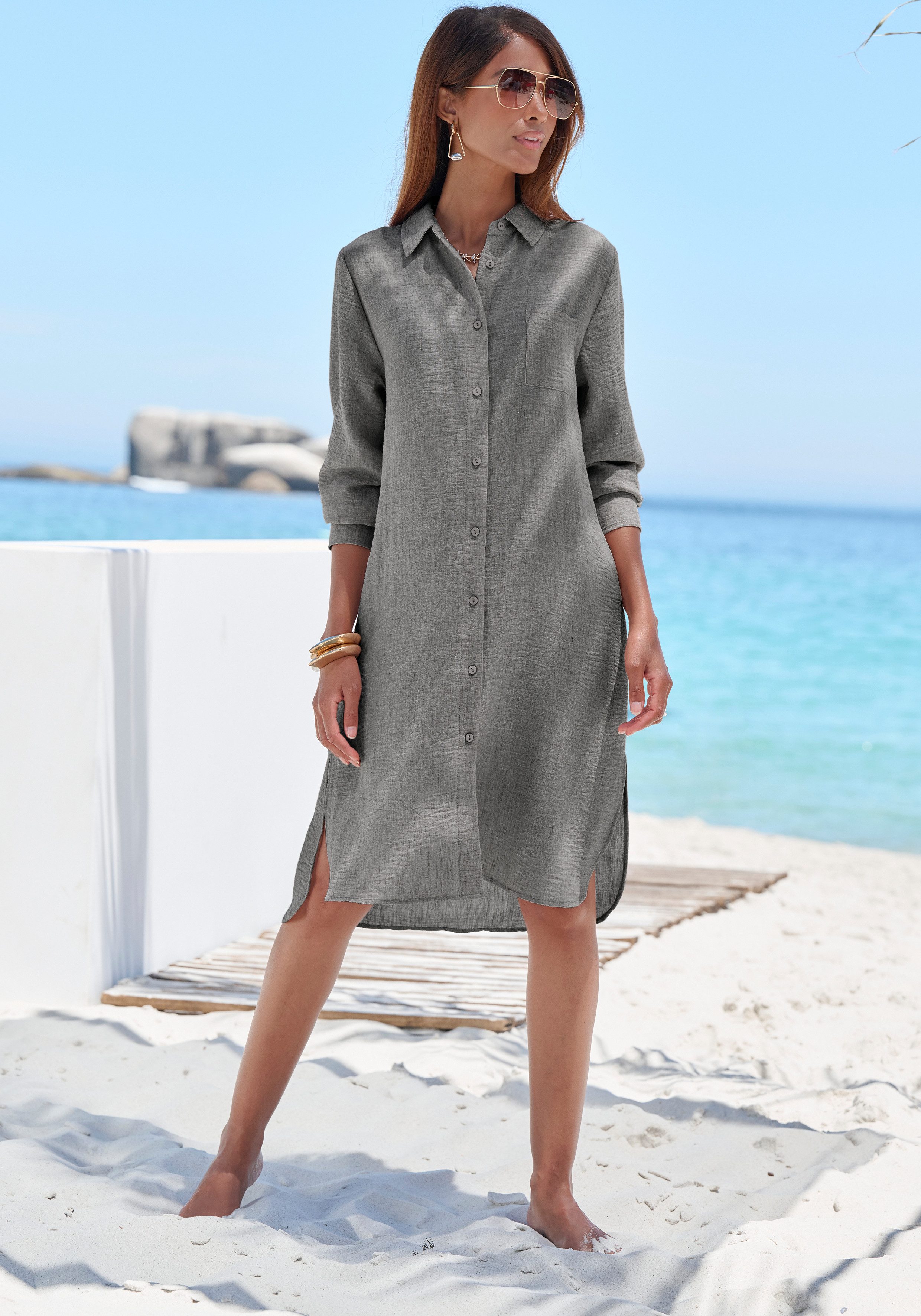 Buffalo Longbluse aus strukturierter Webware mit Melange-Optik luftiges Strandkleid, Sommerkleid aus sommerlich leichter Qualität