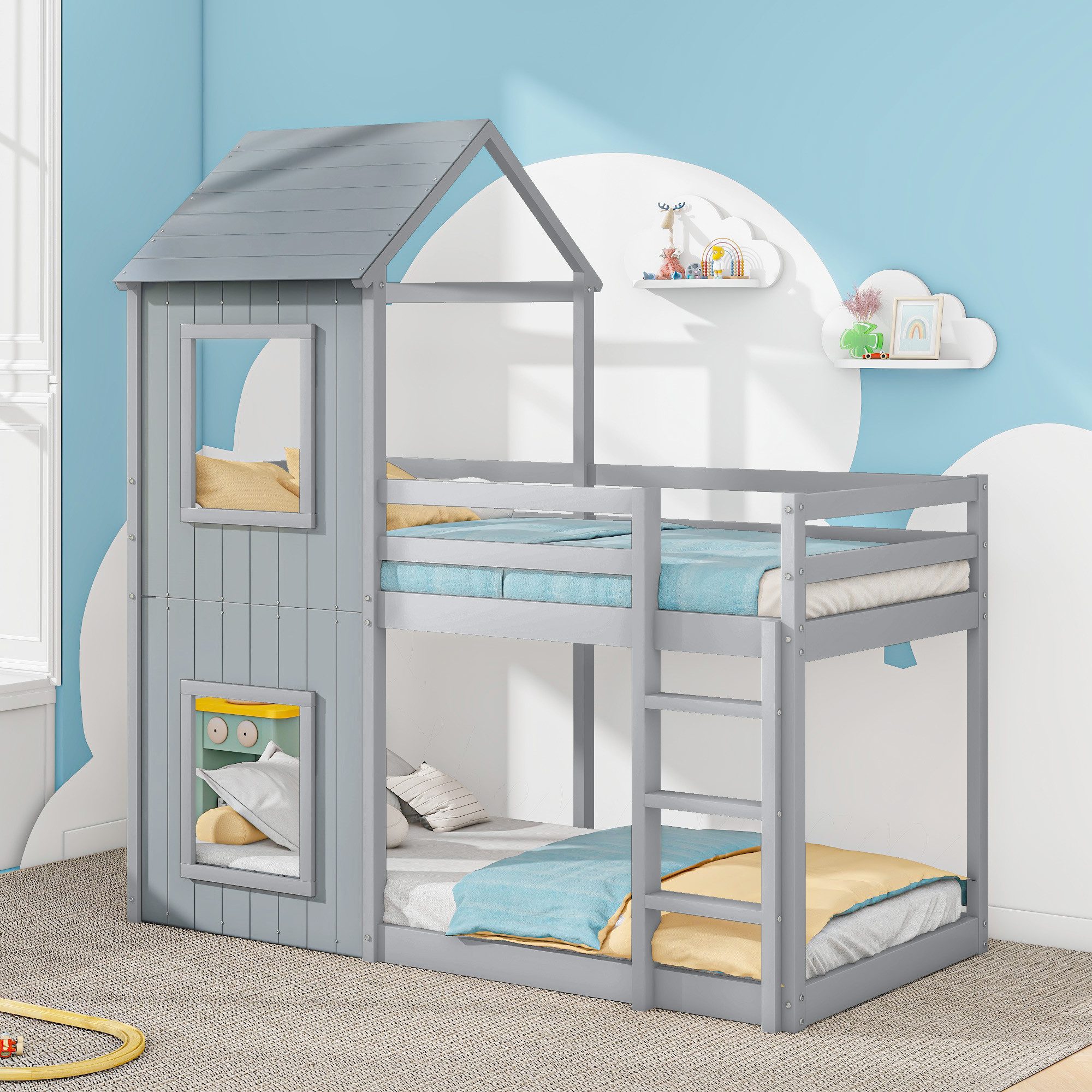 Flieks Etagenbett, Hochbett mit Treppe Hausbett günstig online kaufen