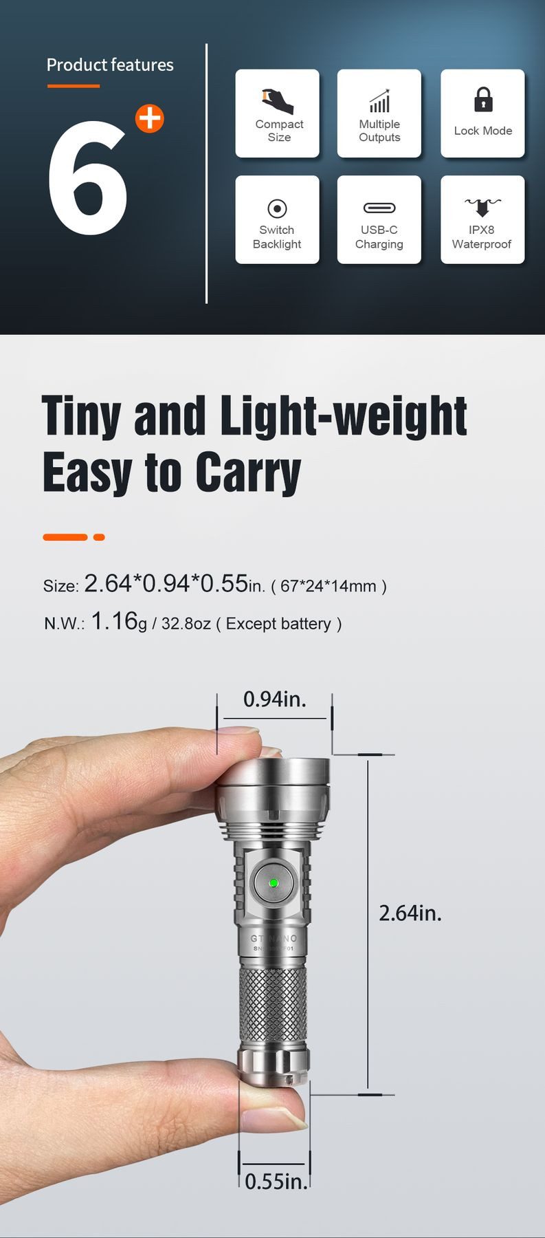 Lumintop Taschenlampe GT Nano 3.0 700 Lumen Thrower Taschenlampe in Titan jetzt mit USB-C (1-St)