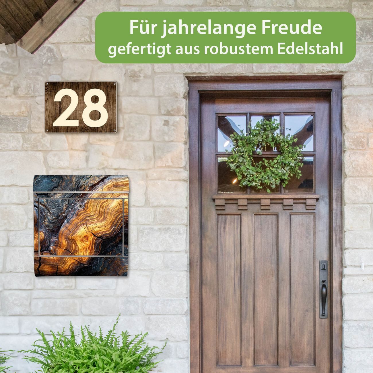 banjado Wandbriefkasten Edelstahl mit Motiv Holz Gemasert Fluss Gold (Wandbriefkasten groß, mit Zeitungsfach), 38 x 42,5 x12 cm