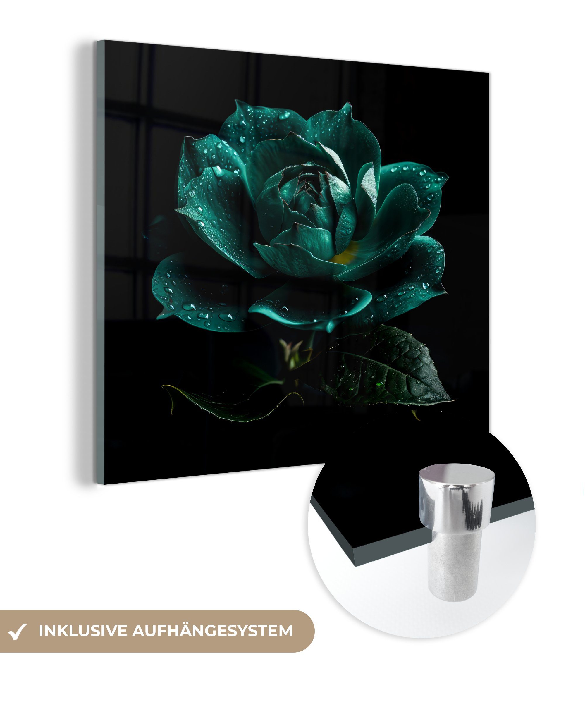 MuchoWow Acrylglasbild Blumen - Rosen - Blau - Porträt - Schwarz, (1 St), Glasbilder - Bilder auf Glas Wandbild - Foto auf Glas - Wanddekoration