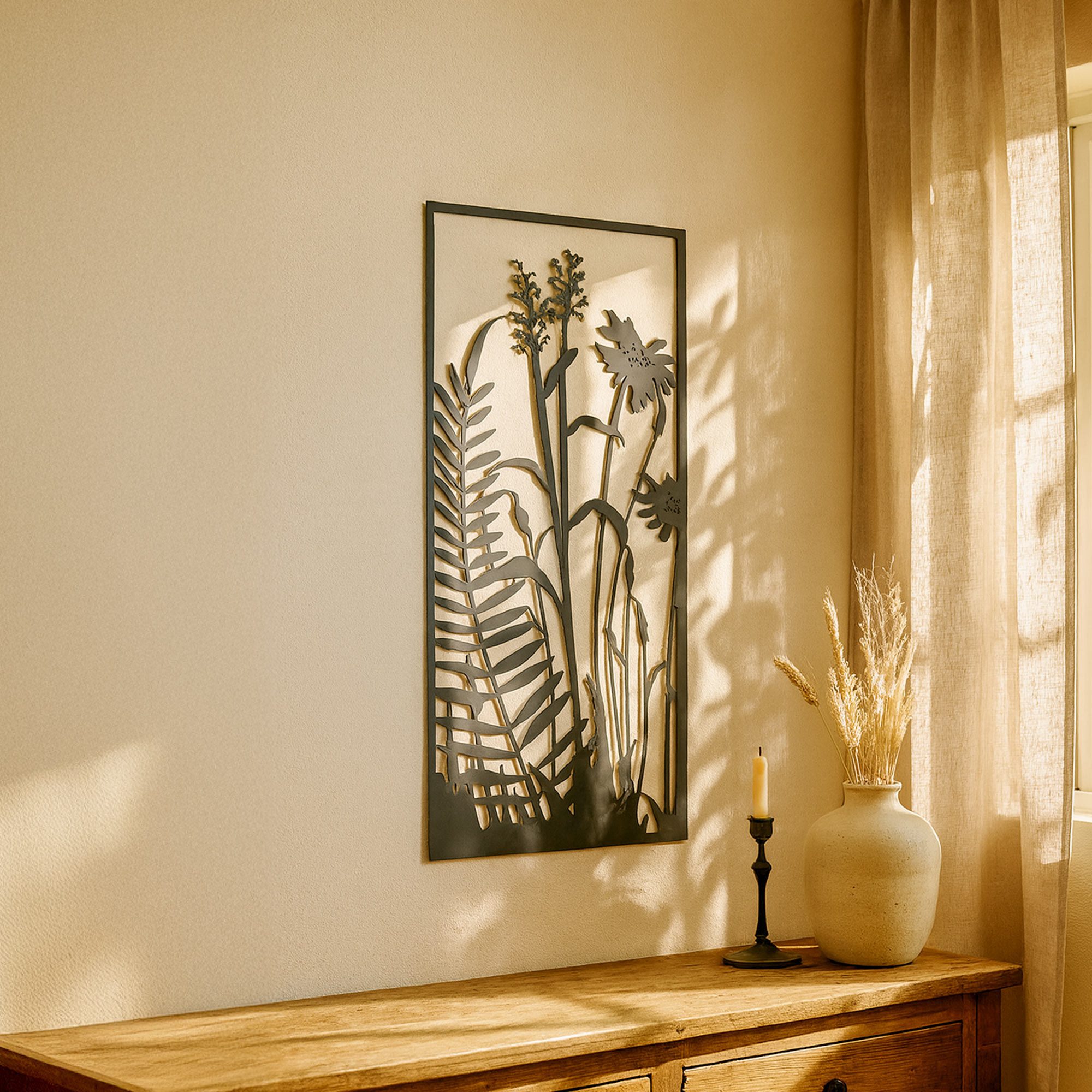 UNUS ELEMENTS Dekohänger Metallbild Farn & Blumen (120x60cm), Wanddeko innen außen Aufhängehaken