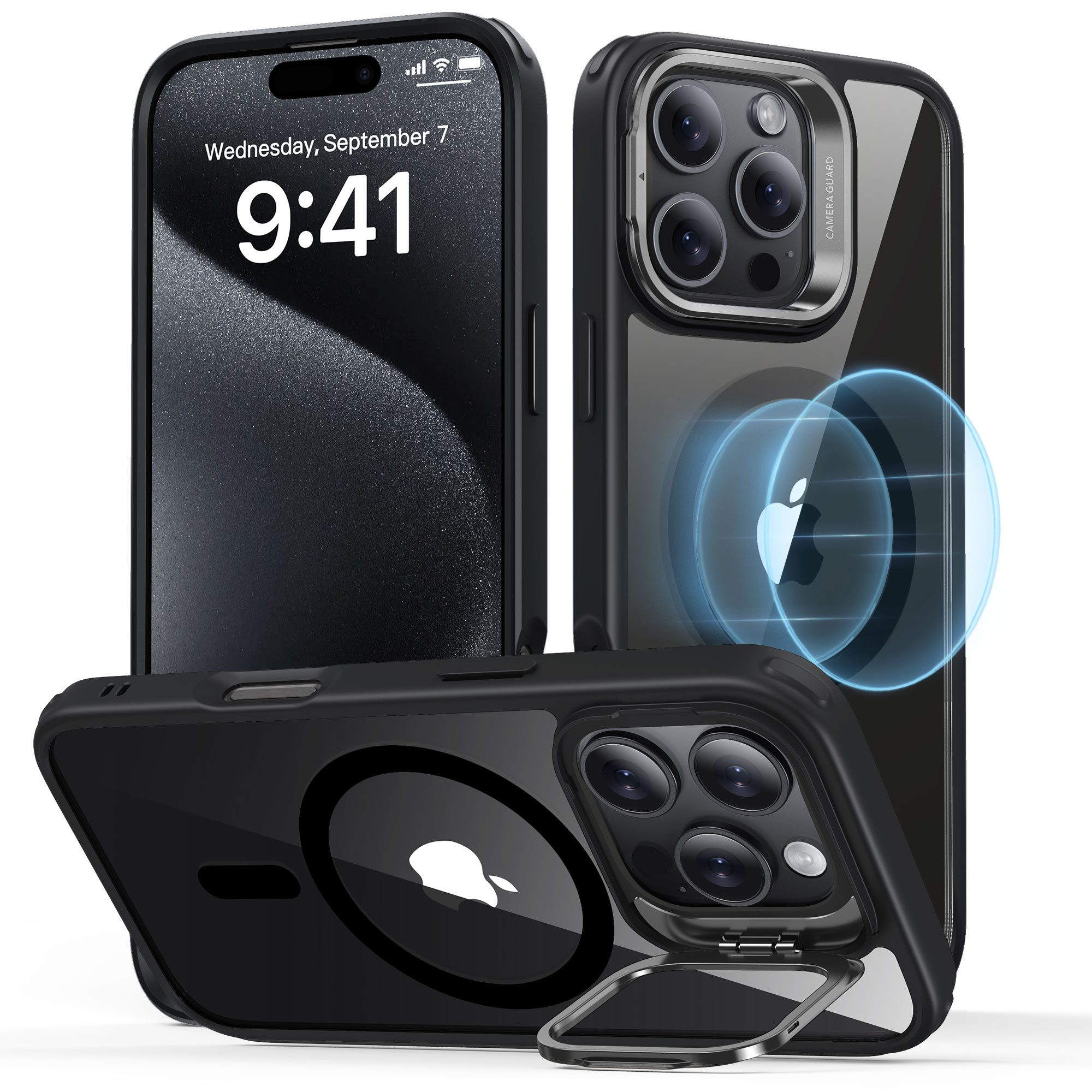 ESR Handyhülle Classic Hybrid HaloLock Case mit Stash Stand iPhone 16 Pro 6,3", Vielseitiger 3-Modi-Ständer, Kratzfeste Rückseite